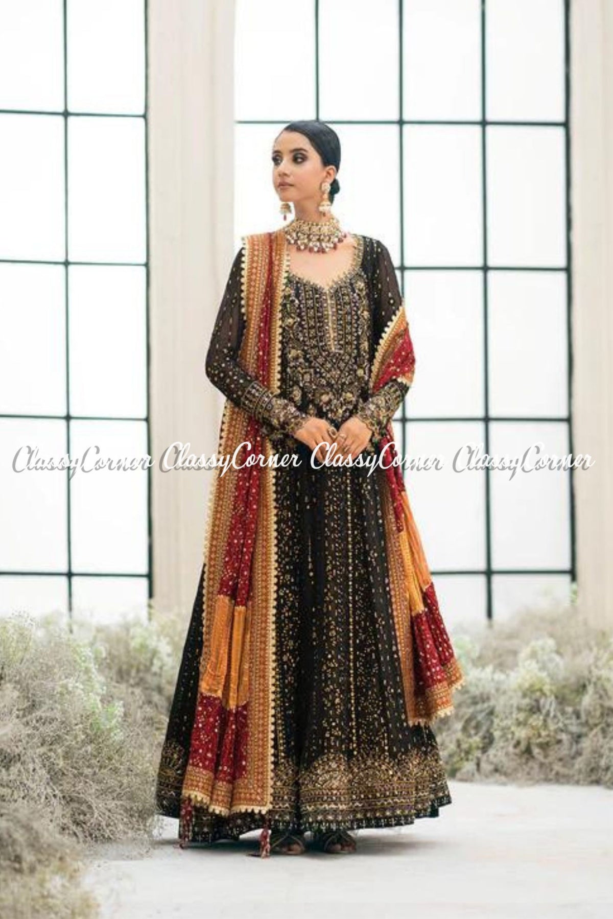 Black Multi Chiffon Embroidered Wedding Wear Outfits - Classy Corner