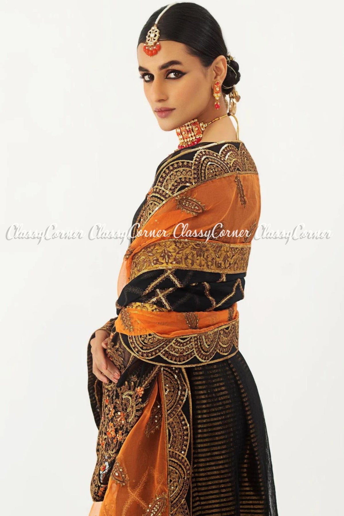 Black Orange Net Embellished Party Wear Salwar Kameez