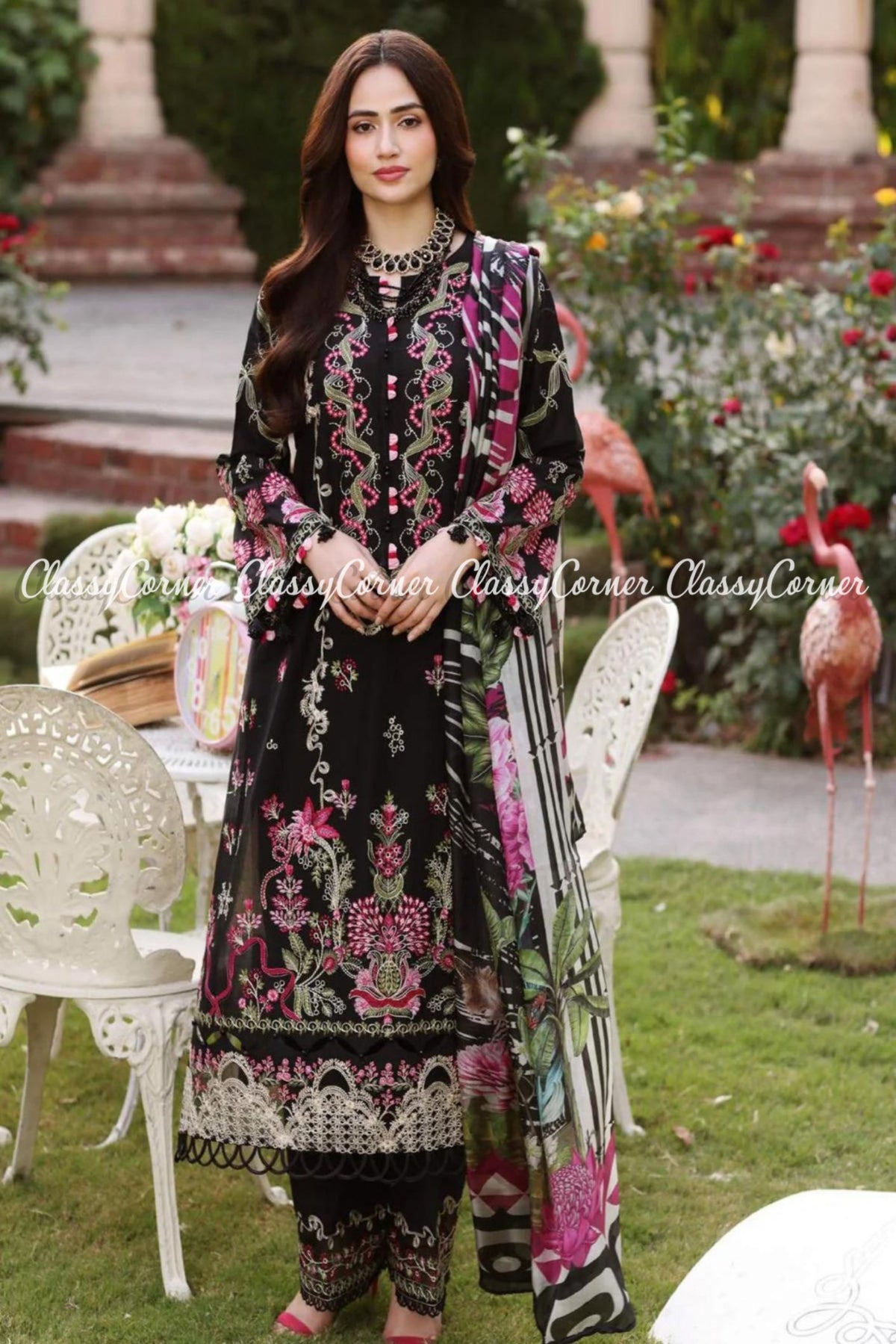 Black Pink Lawn Embroidered Formal Wear Salwar Kameez