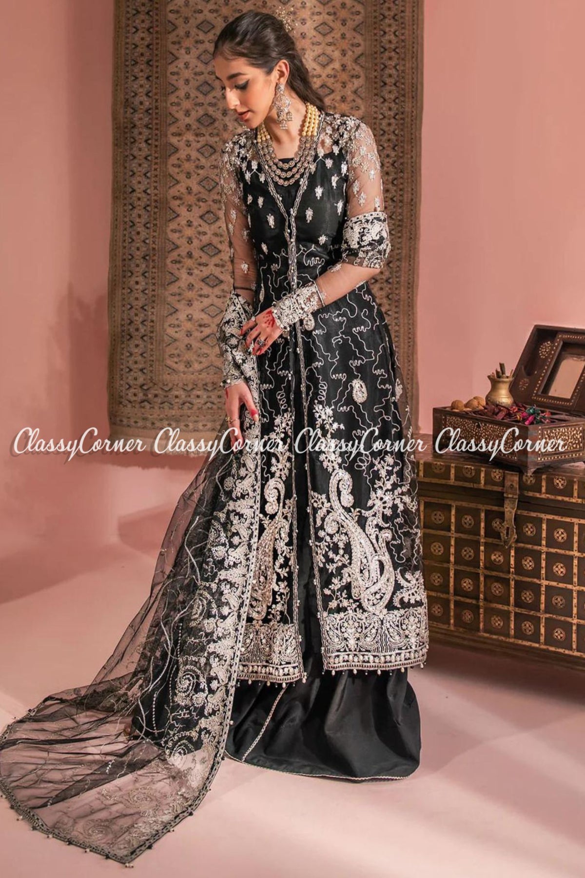 Black Silver Net Embellished Party Wear Gown