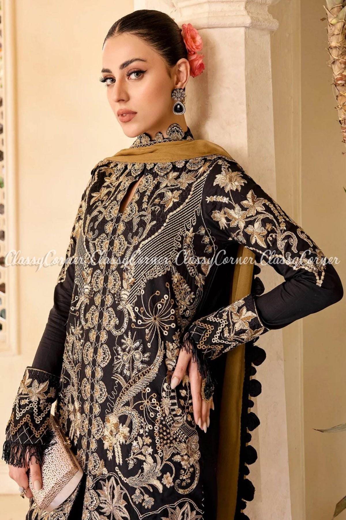 Black Golden Embroidered Lawn Formal Wear Salwar Kameez