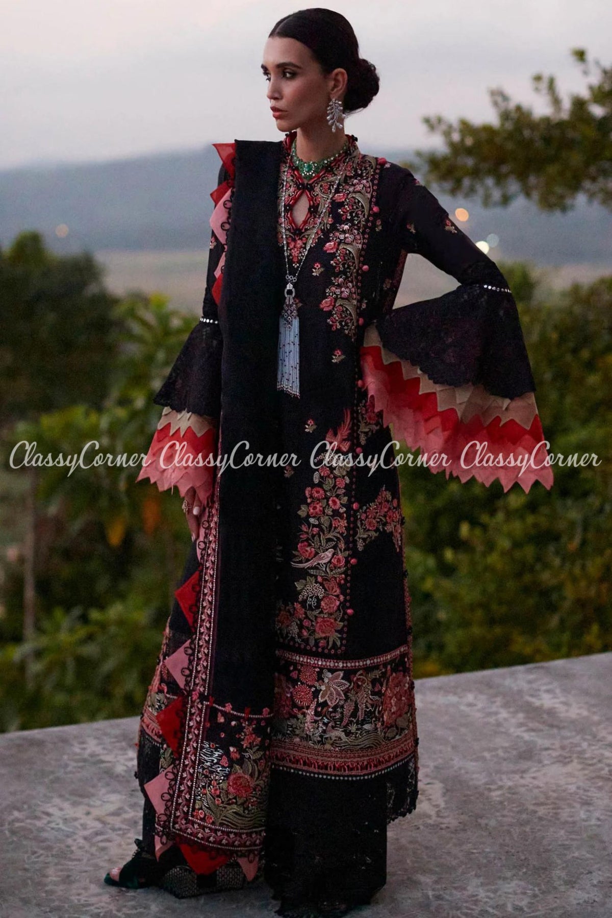 Black Coral Pink Embroidered Lawn Salwar Kameez