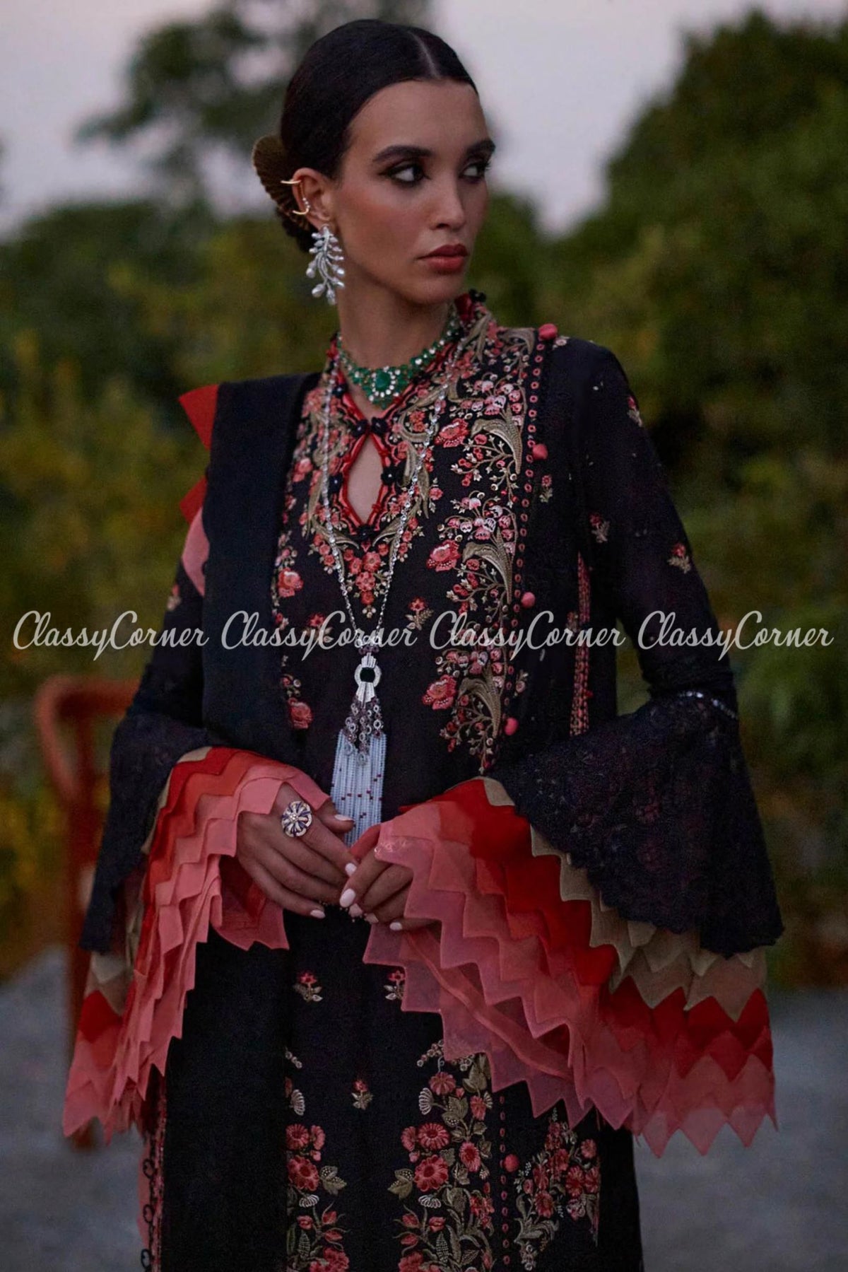 Black Coral Pink Embroidered Lawn Salwar Kameez