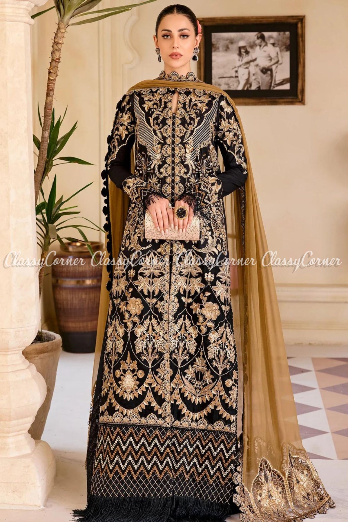 Black Golden Embroidered Lawn Formal Wear Salwar Kameez