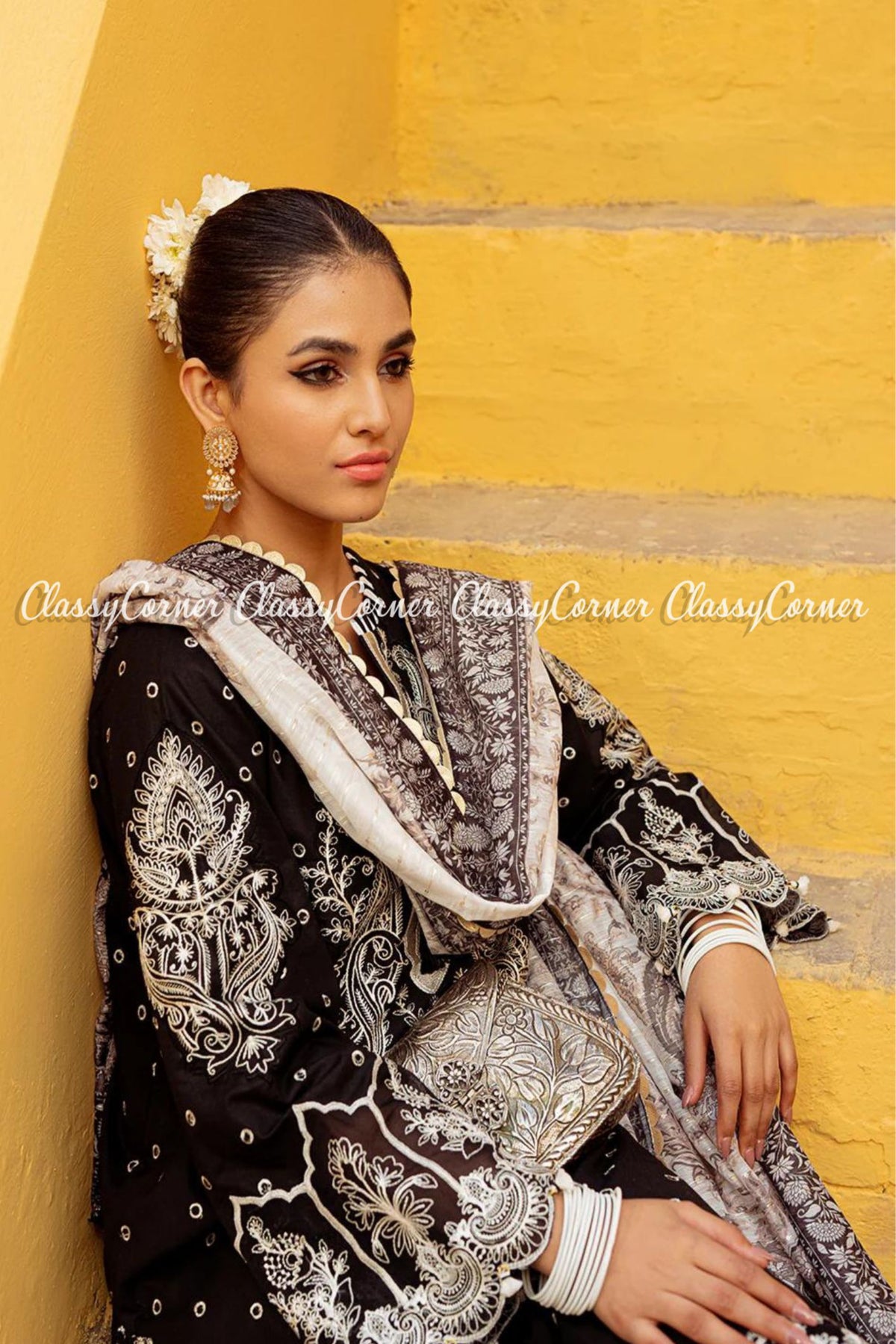 Black White Schiffli Lawn Embroidered Pakistani Salwar Kameez