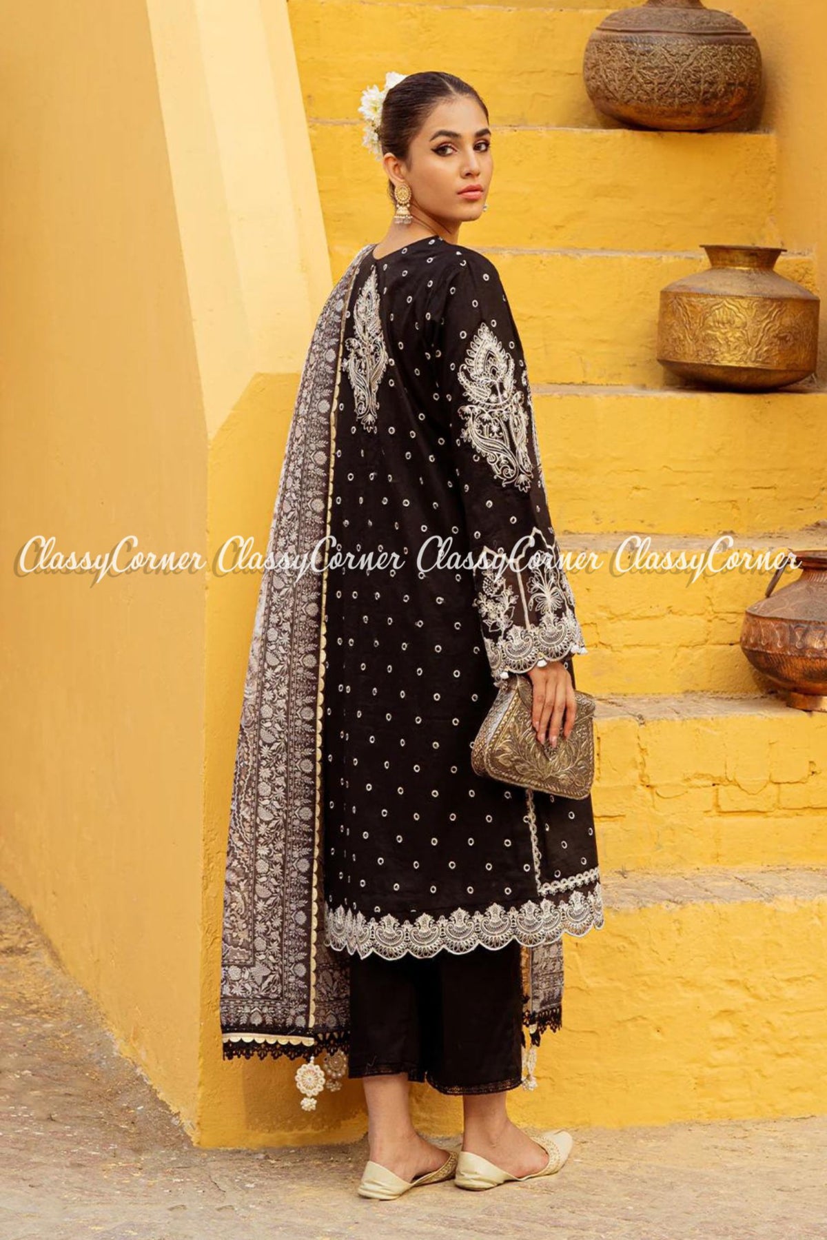 Black White Schiffli Lawn Embroidered Pakistani Salwar Kameez