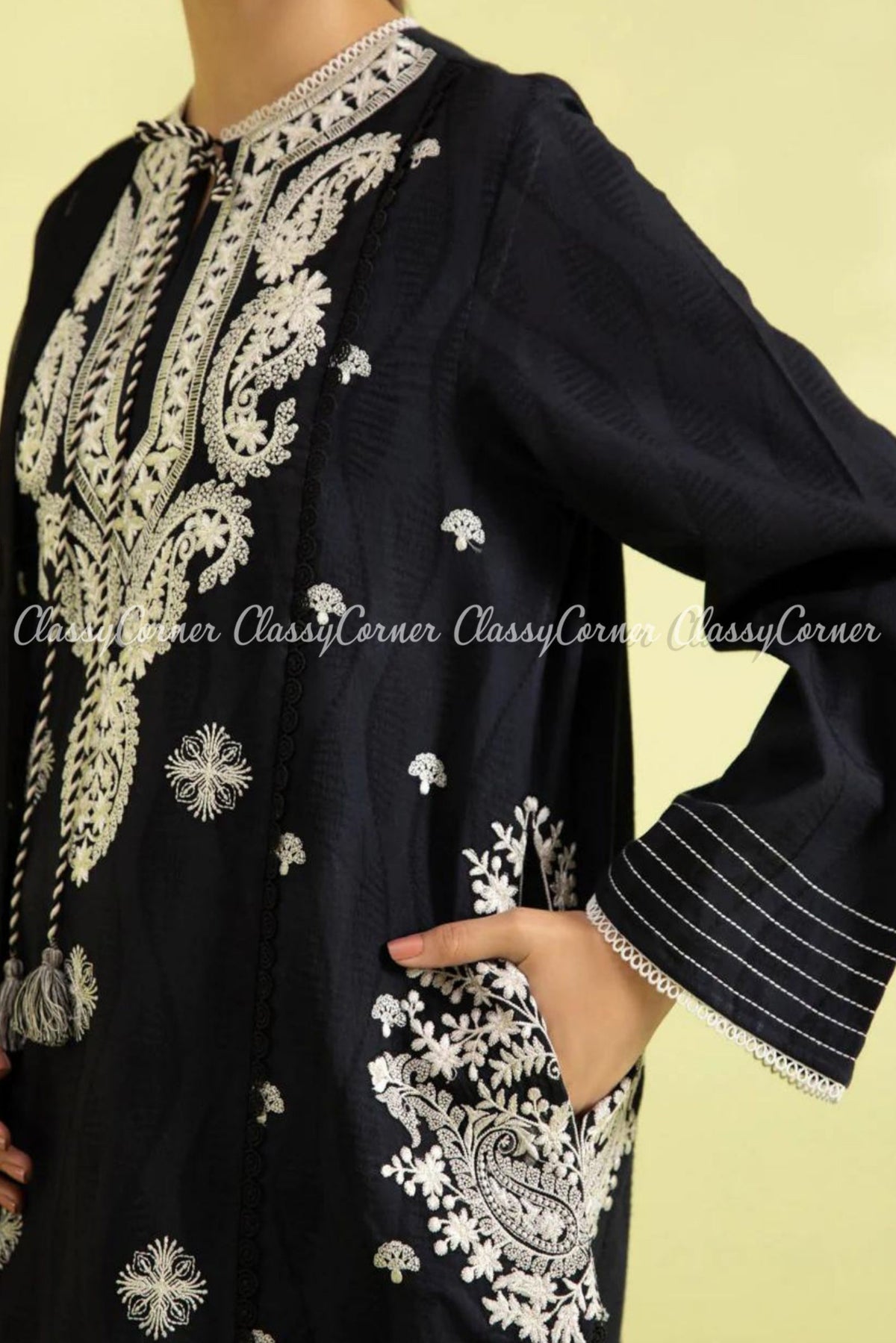 Pakistani Black White Cotton Embroidered Salwar Kameez