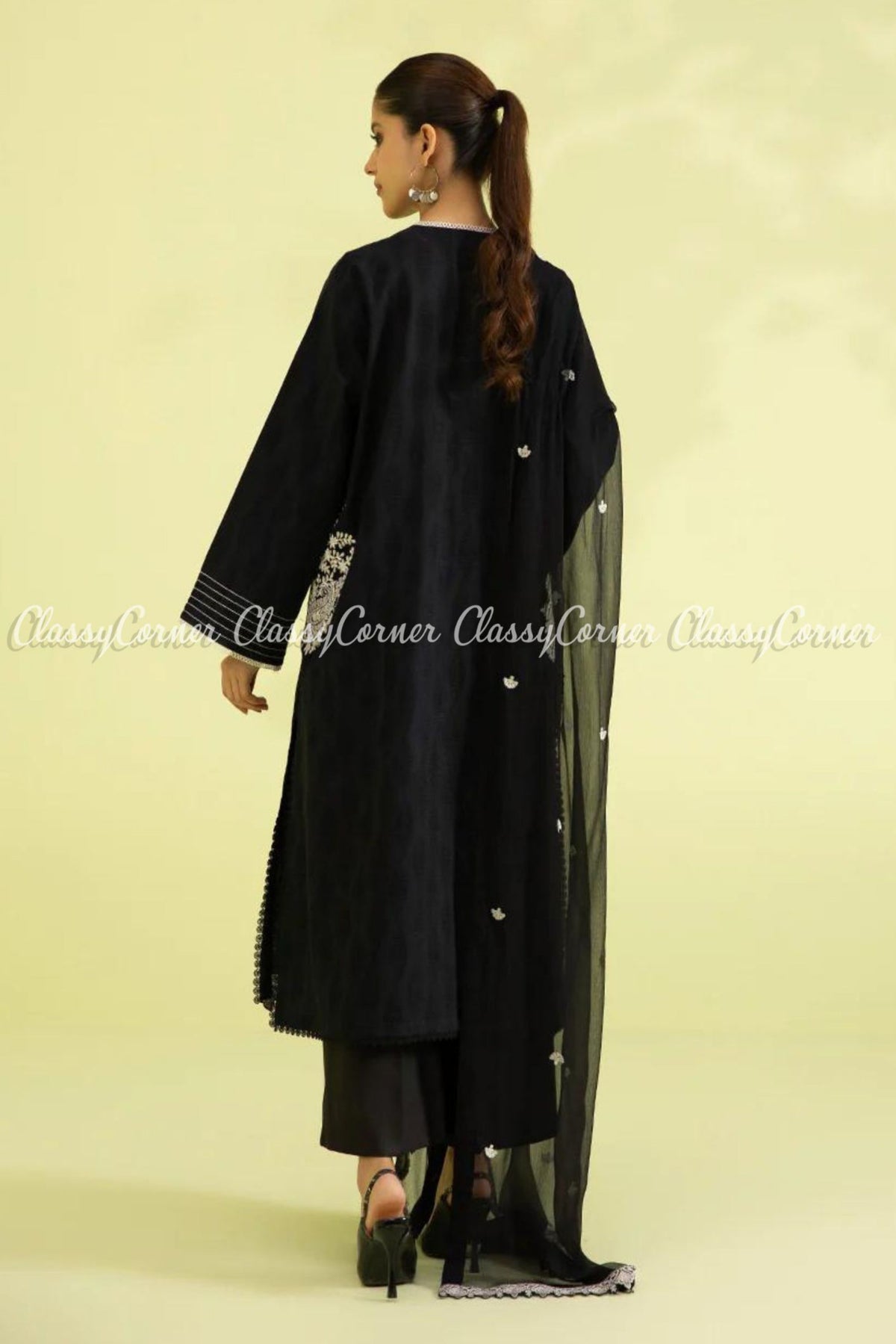 Pakistani Black White Cotton Embroidered Salwar Kameez