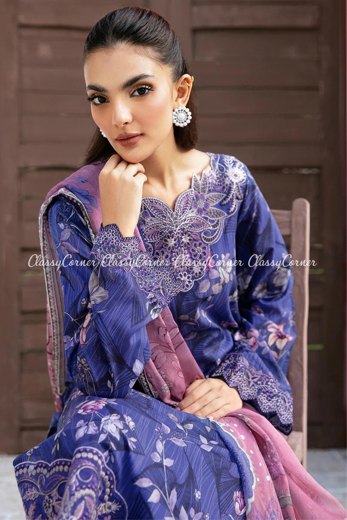 Blue Lawn Printed 3PC Suit