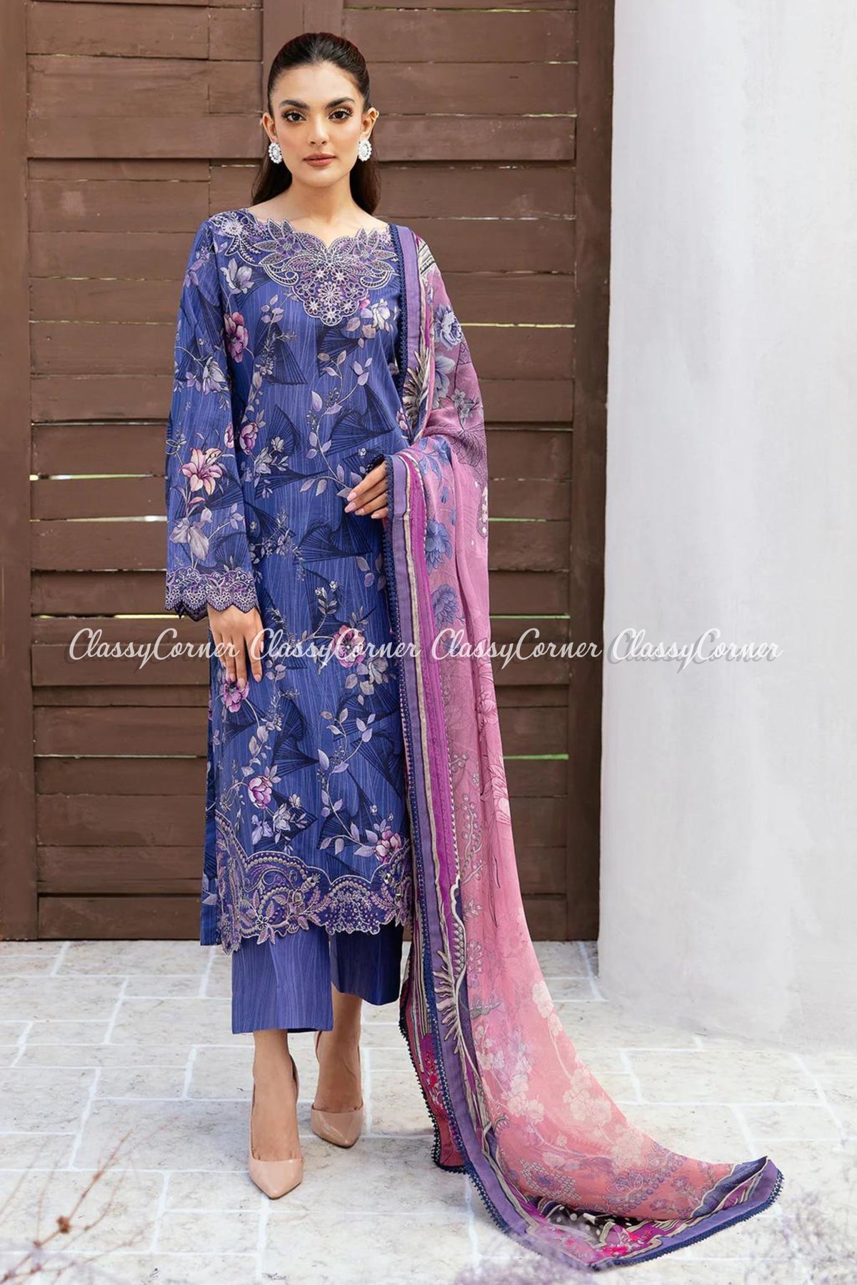 Blue Lawn Printed 3PC Suit