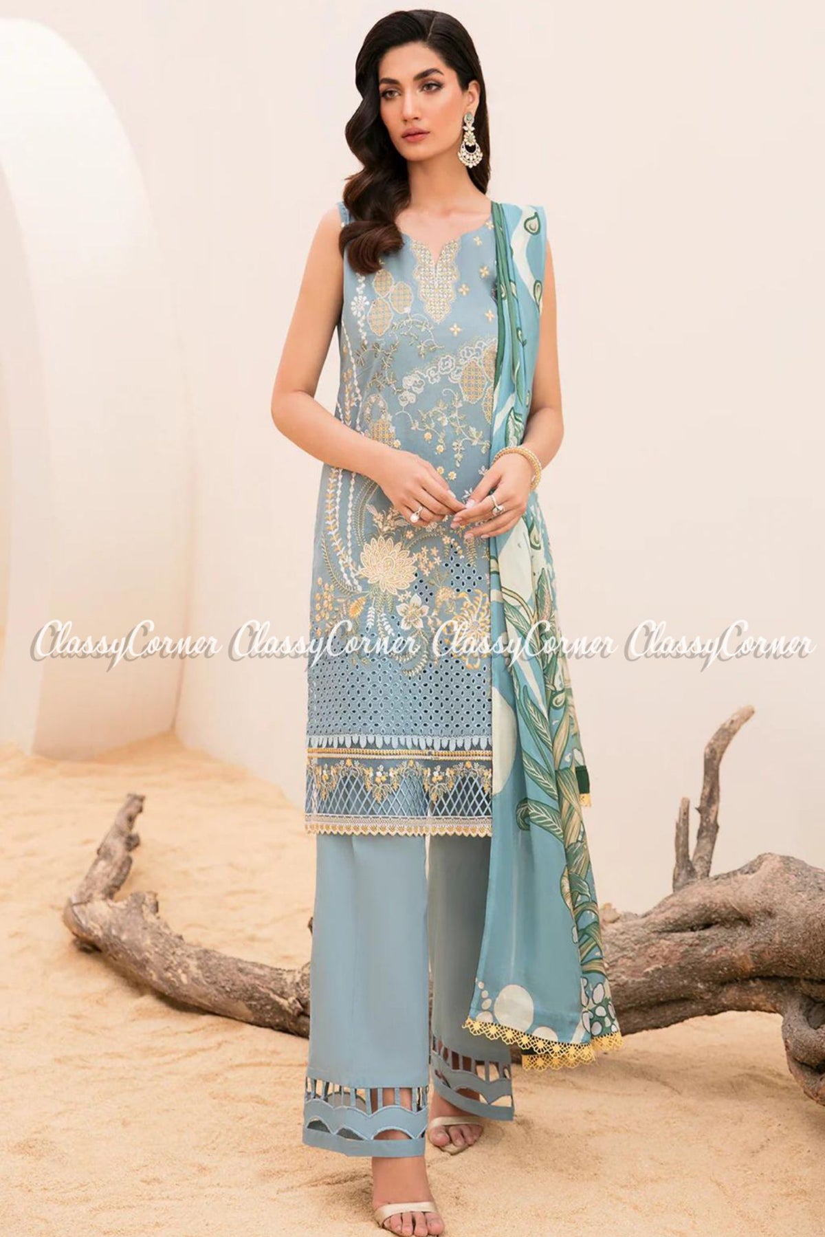 Light Blue Beige Lawn Embroidered Pakistani Salwar Kameez - Classy Corner