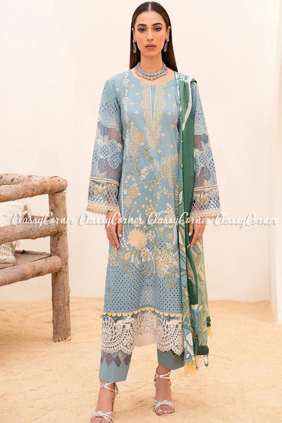 Light Blue Beige Lawn Embroidered Pakistani Salwar Kameez - Classy Corner