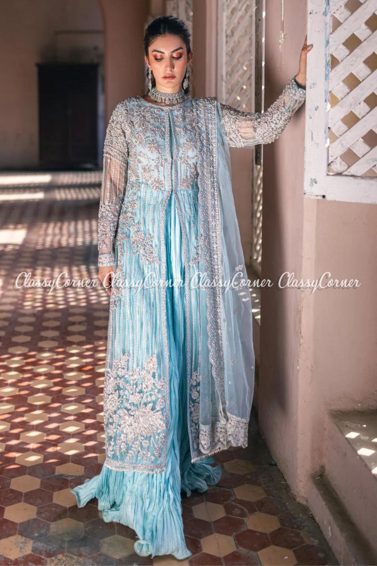 Sky Blue Net Embellished Bridal Wear Gown