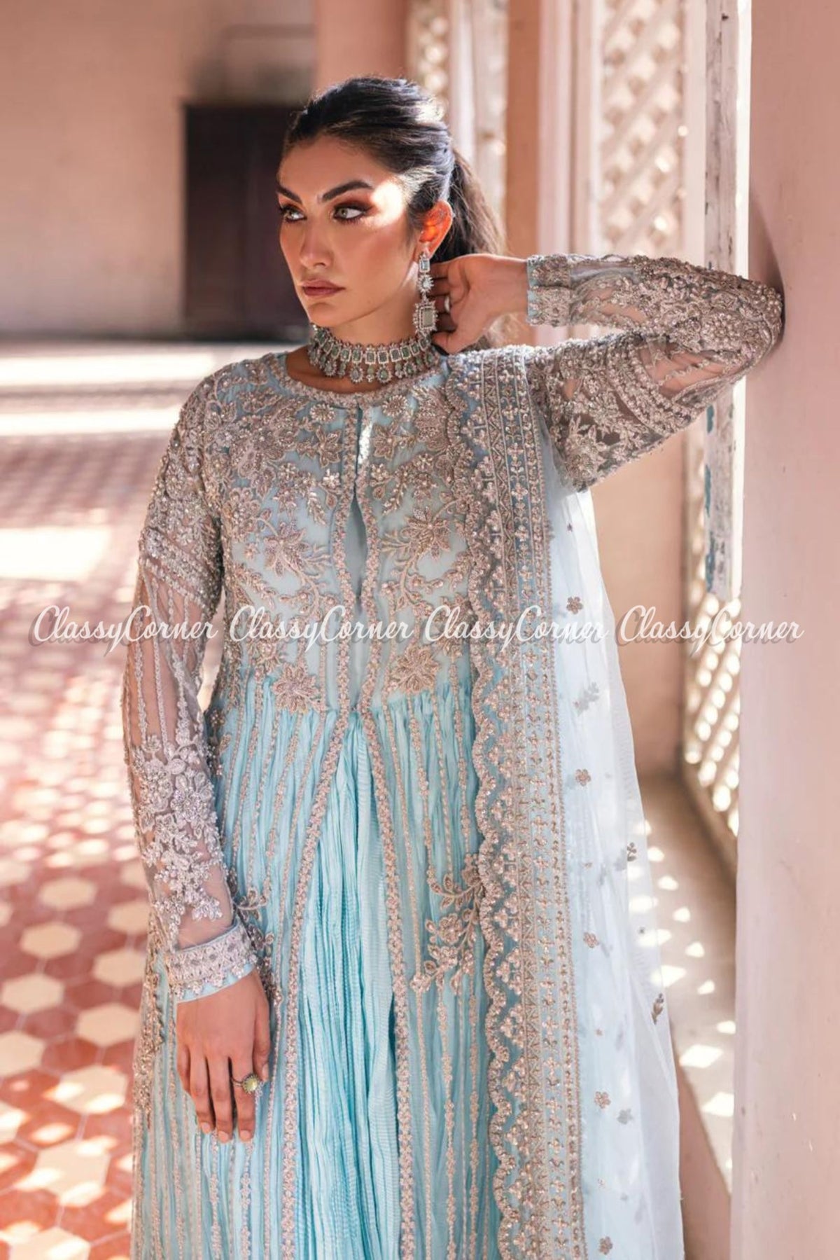 Sky Blue Net Embellished Bridal Wear Gown