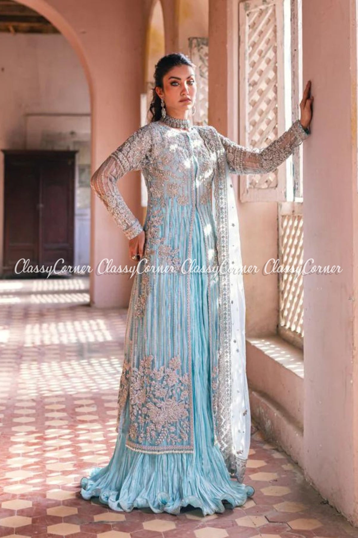 Sky Blue Net Embellished Bridal Wear Gown