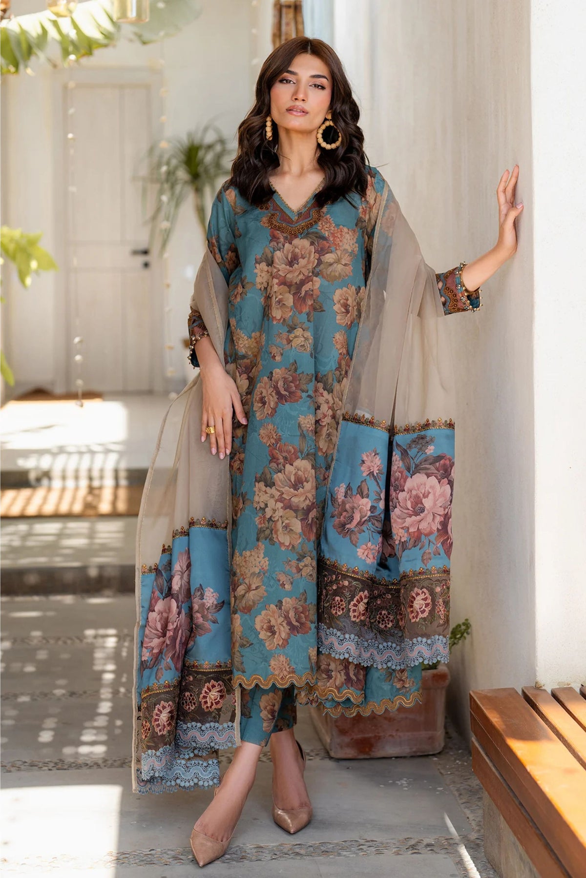 Blue Floral Lawn Suit