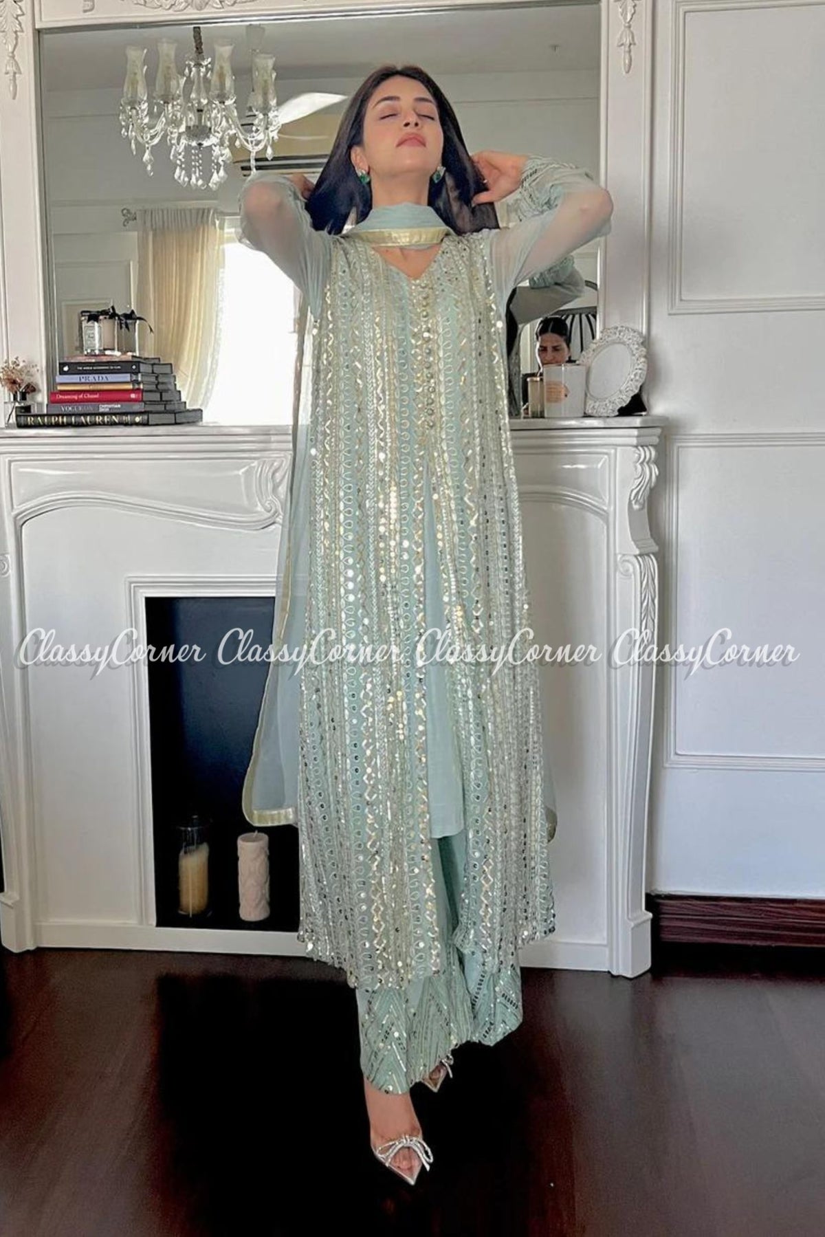 Ice Blue Chiffon Party Wear Readymade Outfit