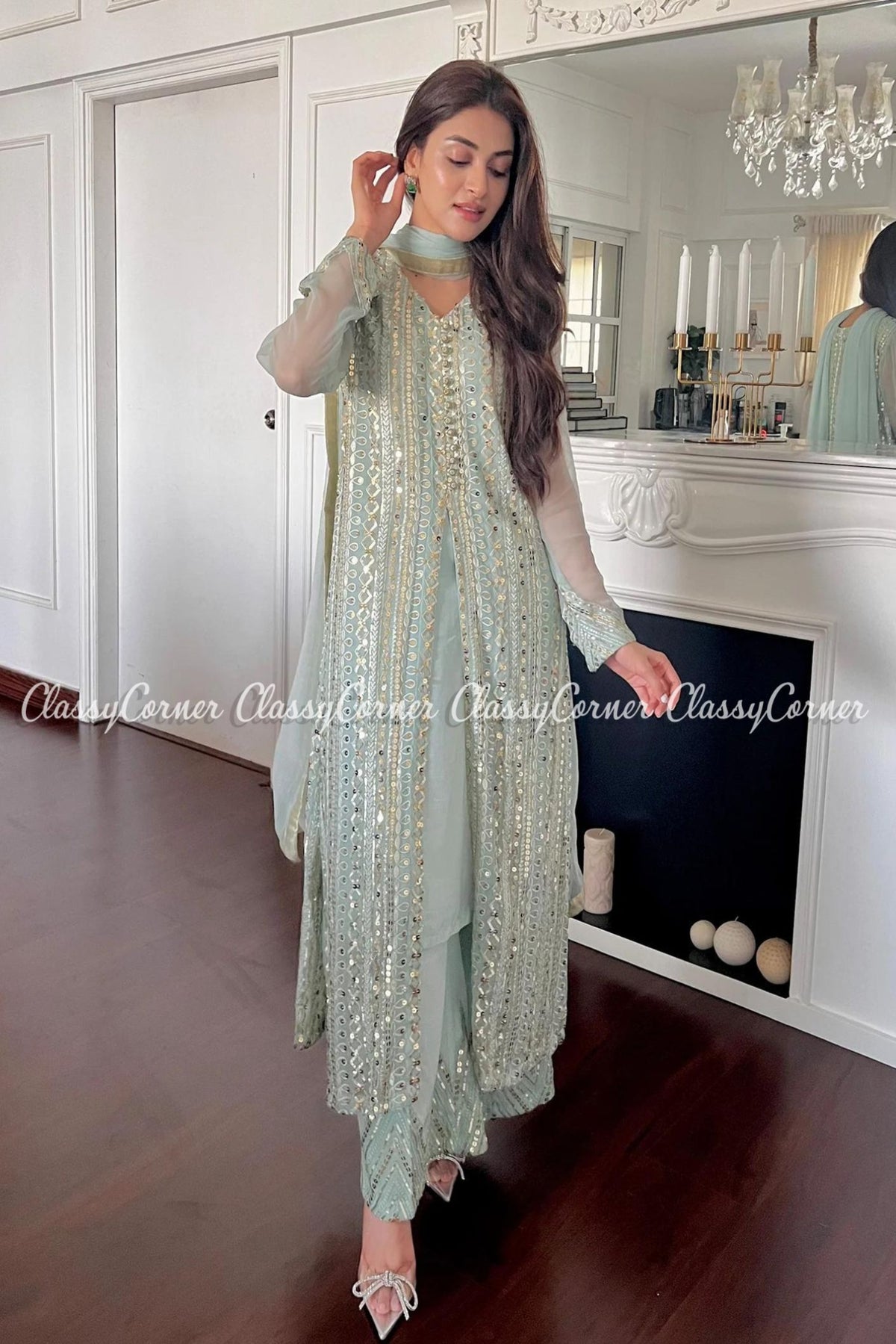 Ice Blue Chiffon Party Wear Readymade Outfit