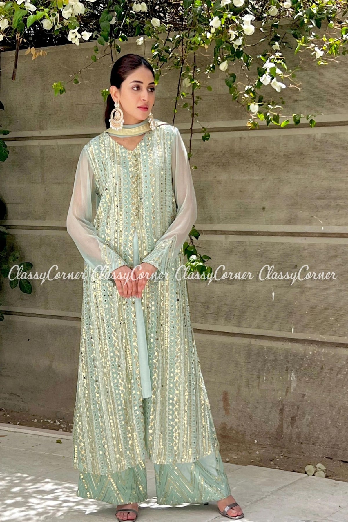 Ice Blue Chiffon Party Wear Readymade Outfit