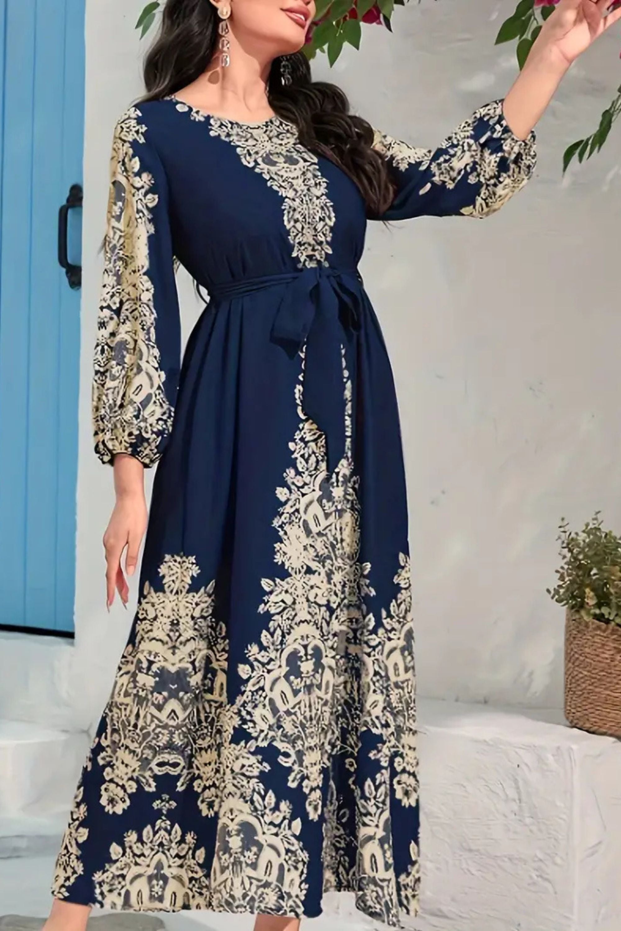 Navy Blue Printed Full Sleeve Dress