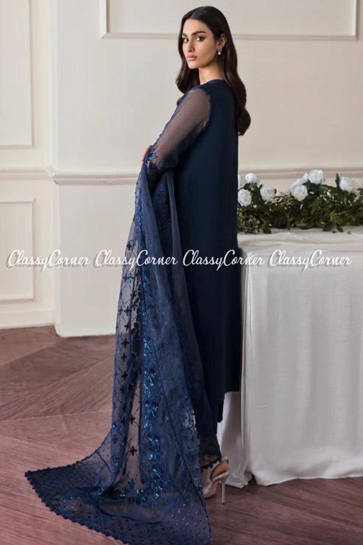 Dark Blue Chiffon Embroidered Party Wear Salwar Kameez