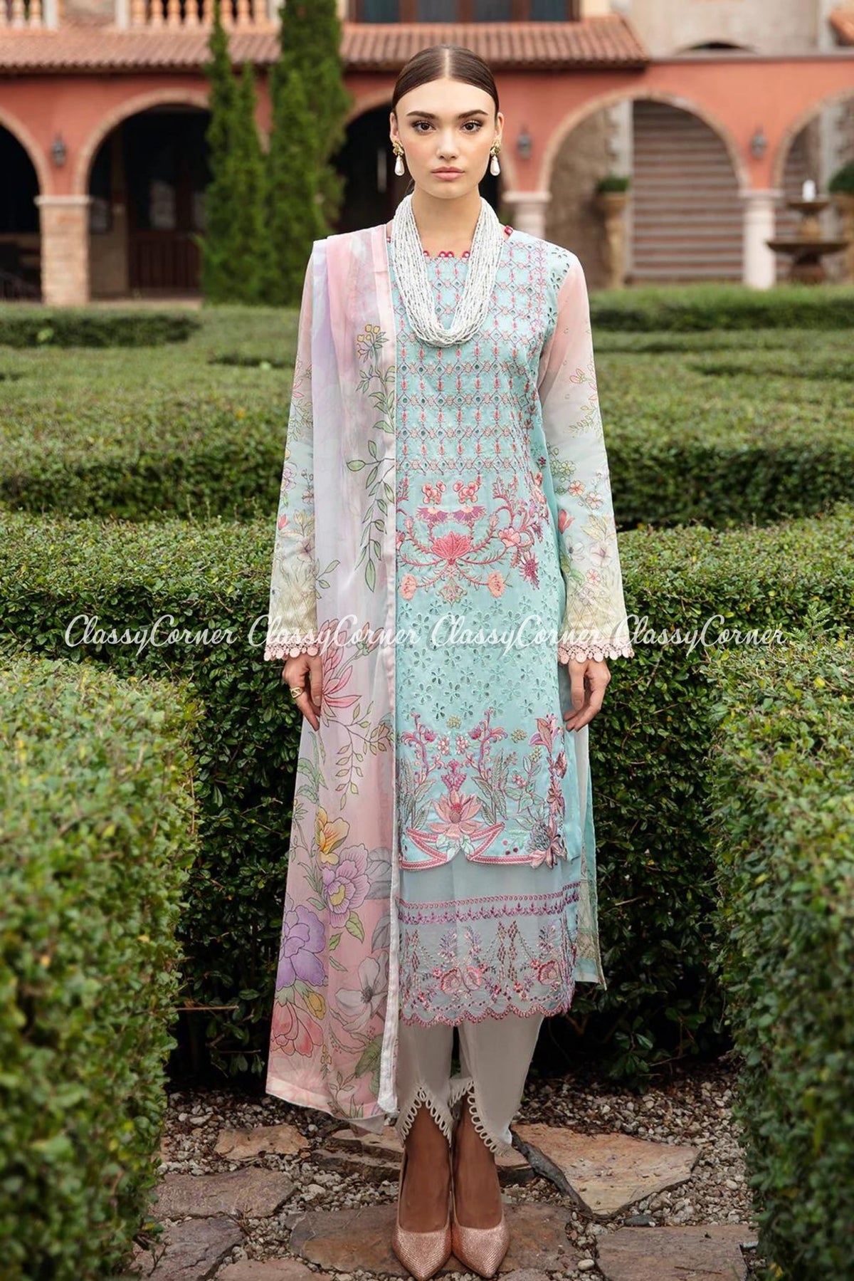 Blue Pink Lawn Embroidered 3pc Suit