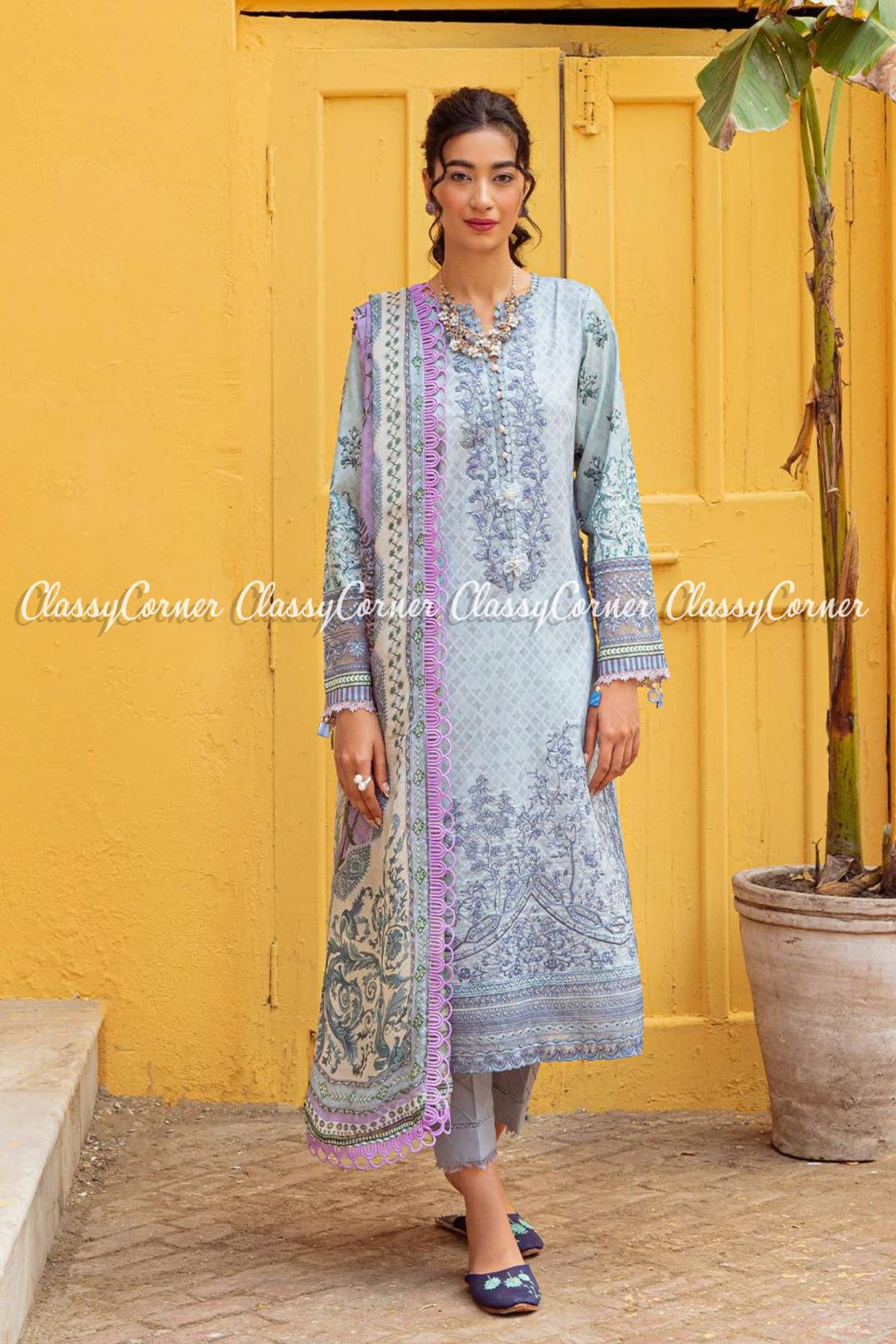 Sky Blue Purple Schiffli Embroidered Lawn Salwar kameez