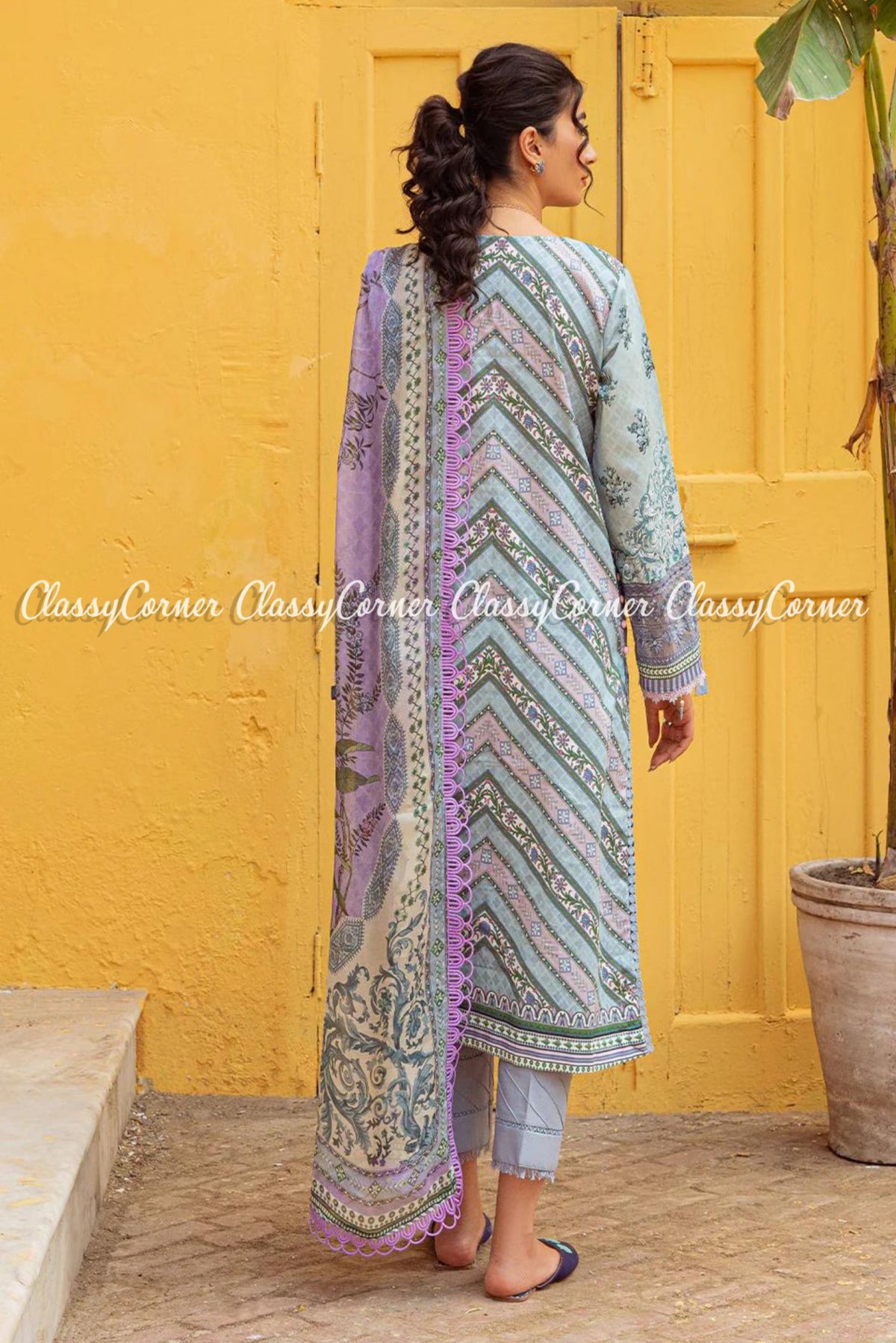 Sky Blue Purple Schiffli Embroidered Lawn Salwar kameez