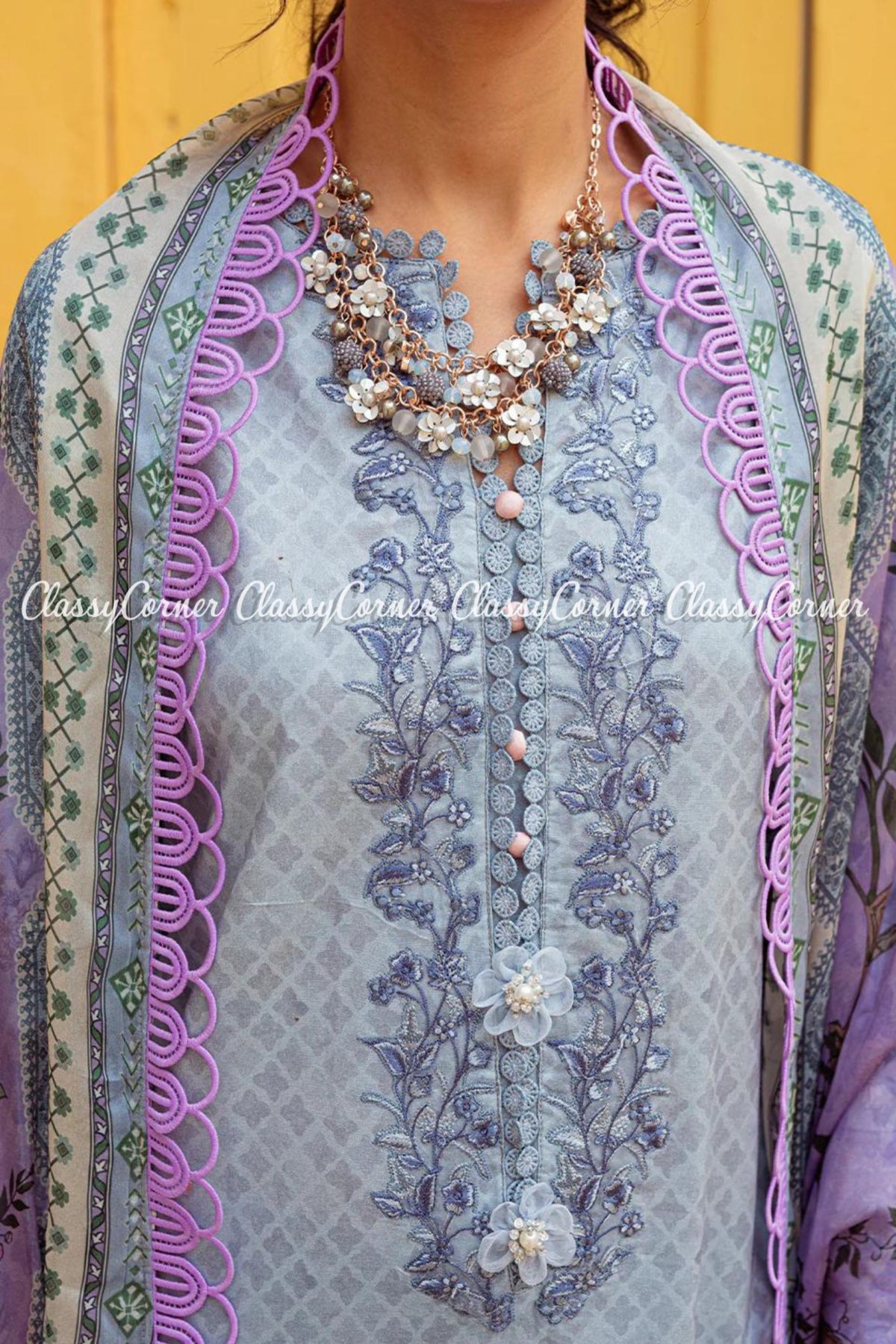 Sky Blue Purple Schiffli Embroidered Lawn Salwar kameez