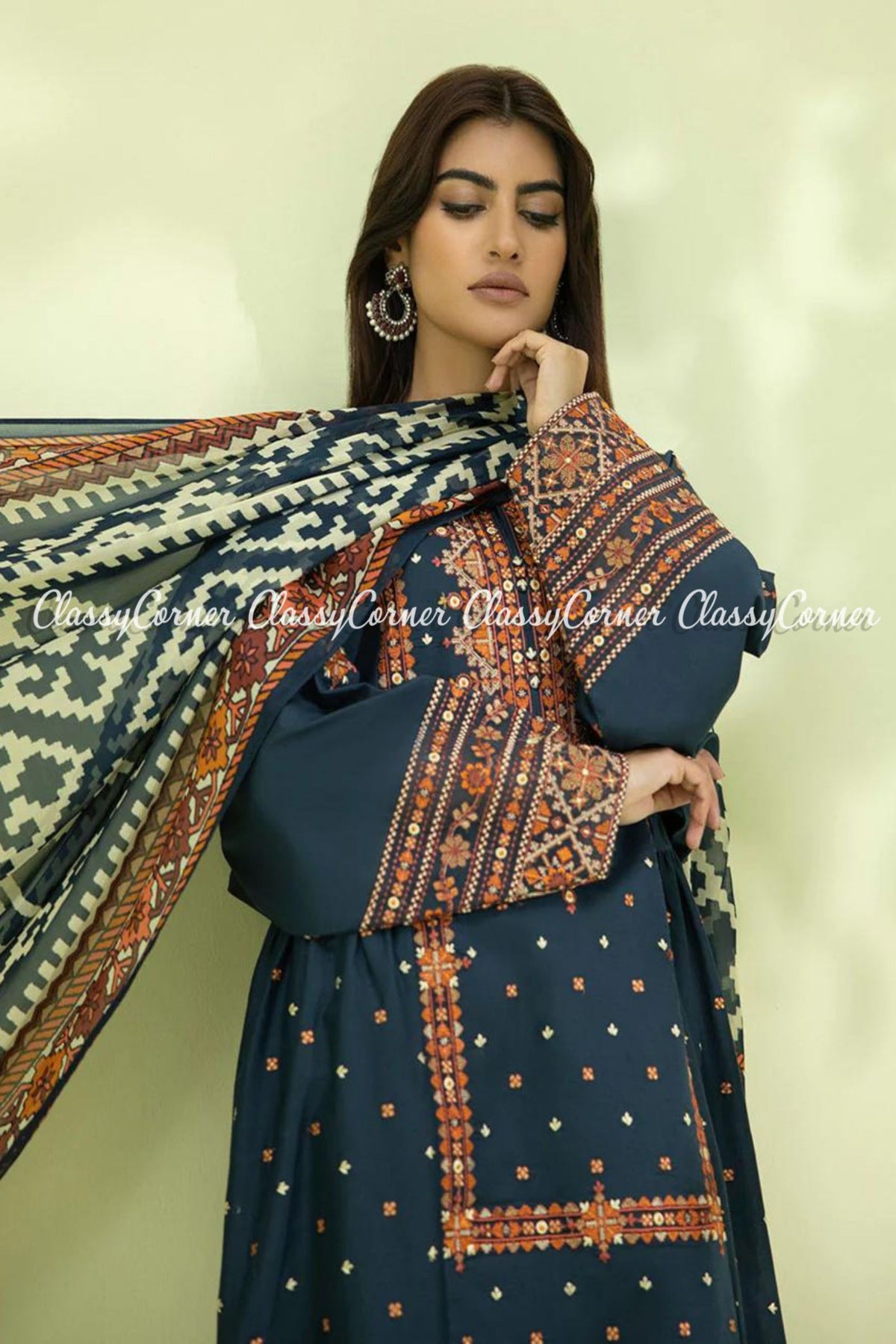 Navy Blue Lawn Embroidered Pakistani Salwar Kameez Dress