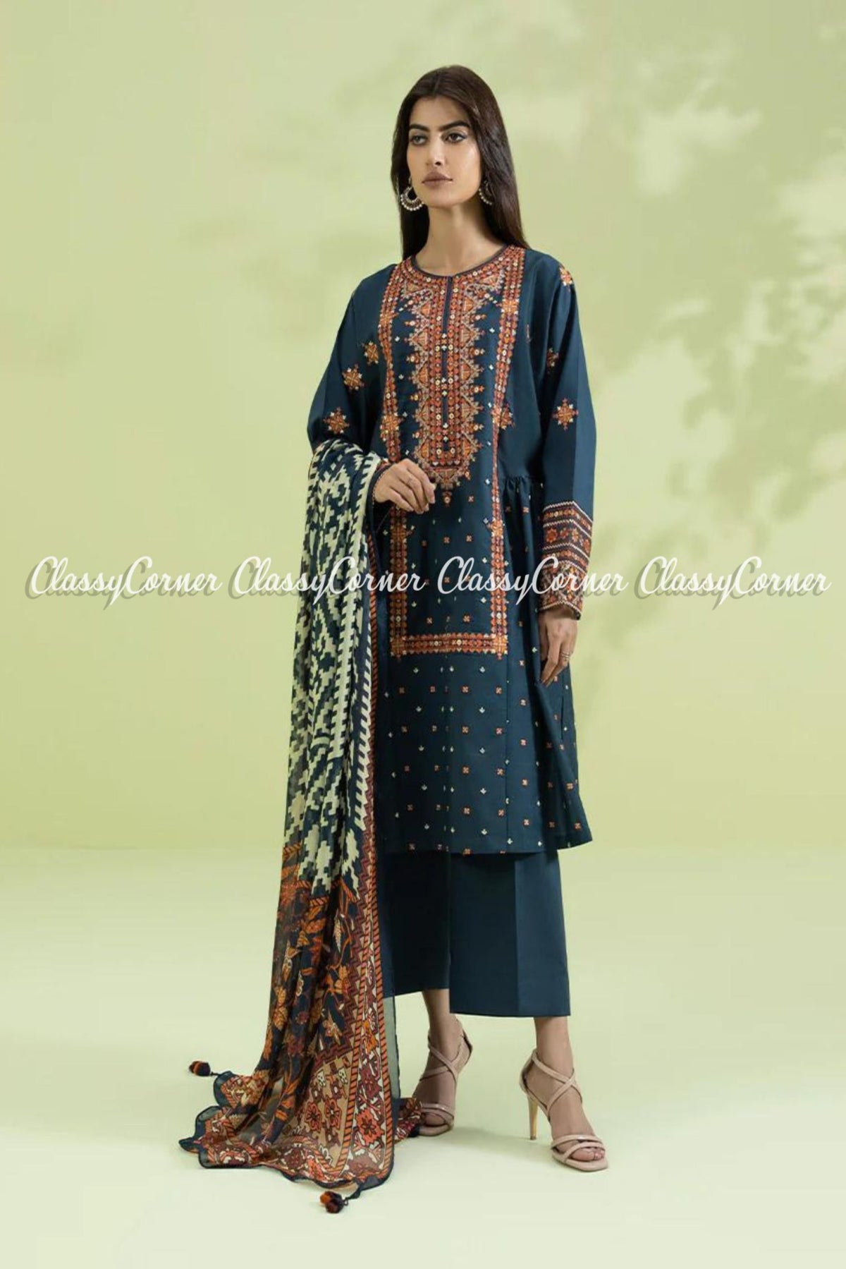 Navy Blue Lawn Embroidered Pakistani Salwar Kameez Dress