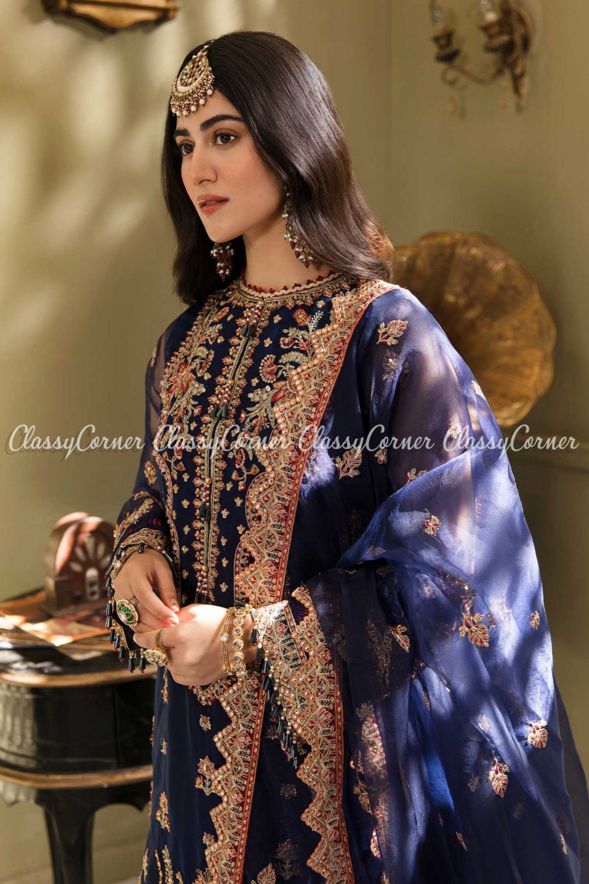 Pakistani Dark Blue Golden Embroidered Sharara Dress