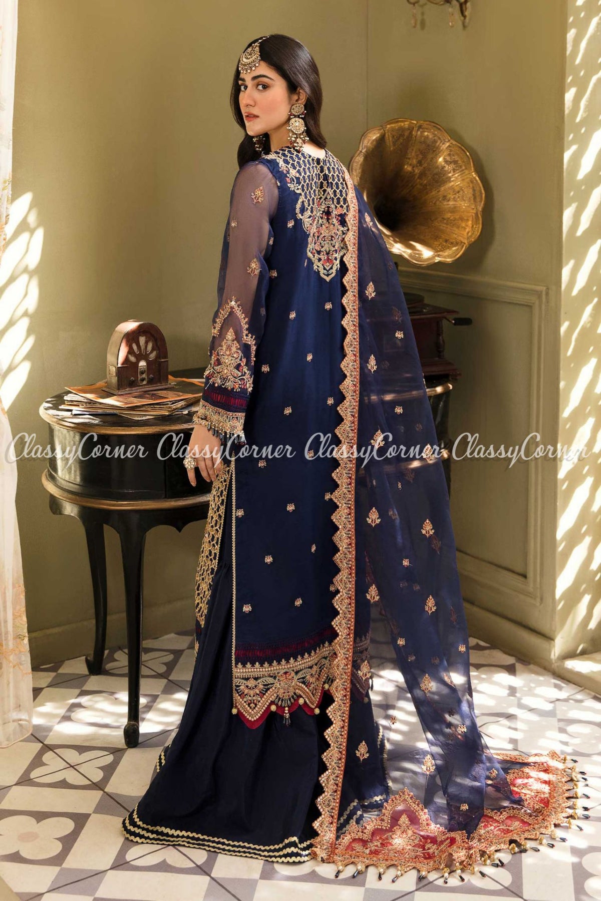 Pakistani Dark Blue Golden Embroidered Sharara Dress