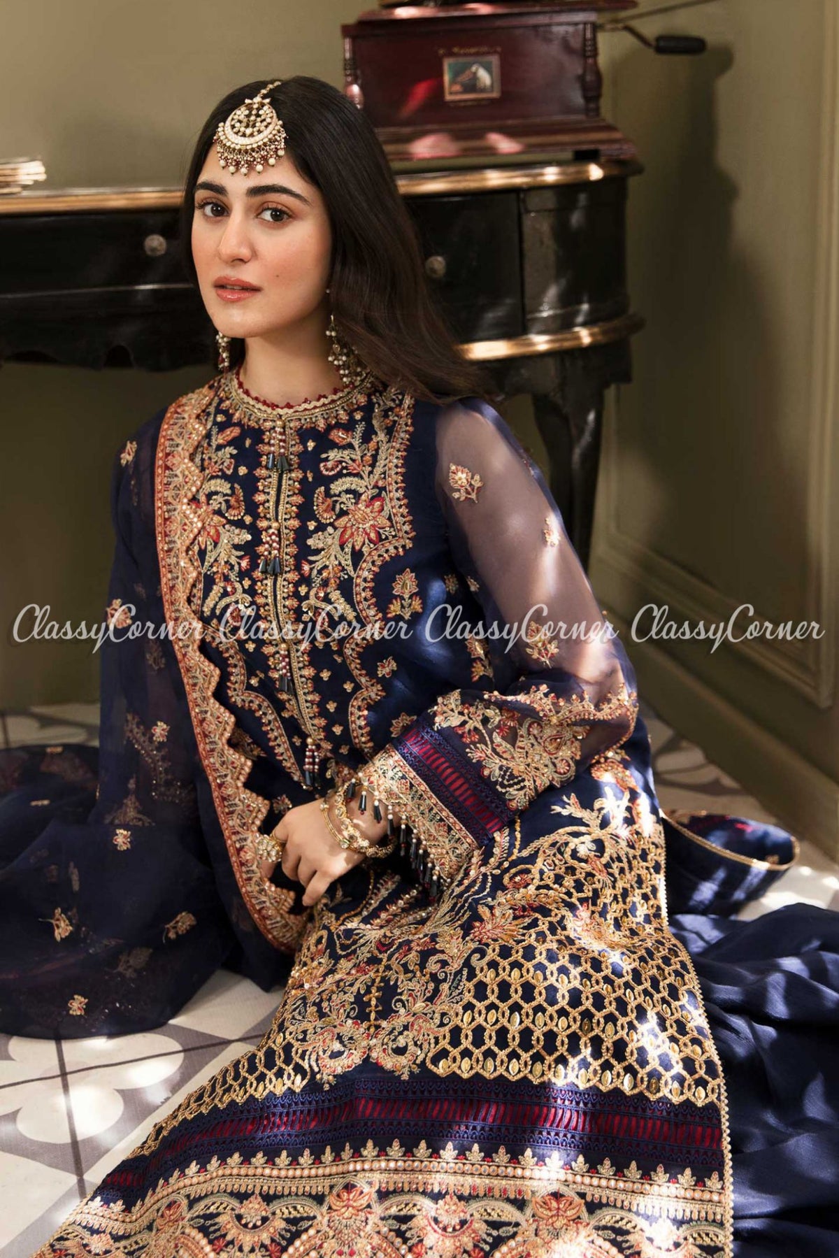 Pakistani Dark Blue Golden Embroidered Sharara Dress