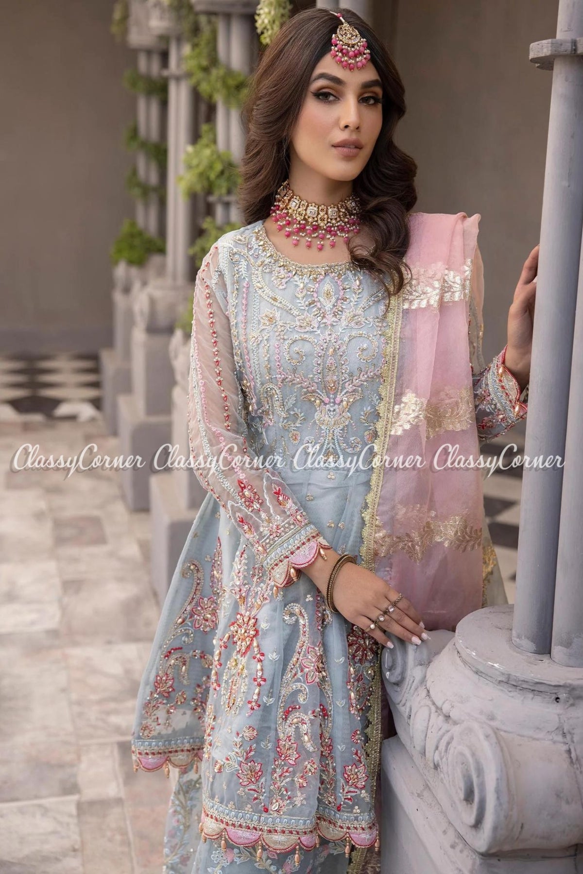 Sky Blue Pakistani Organza Jacquard Party Wear Outfit