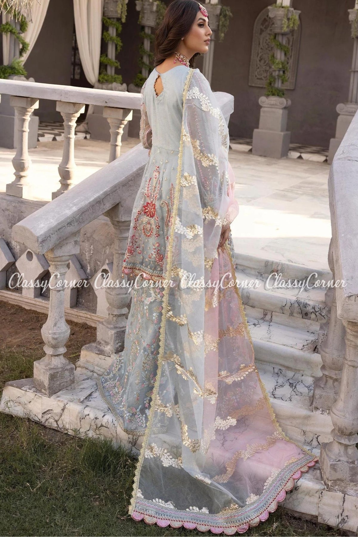 Sky Blue Pakistani Organza Jacquard Party Wear Outfit