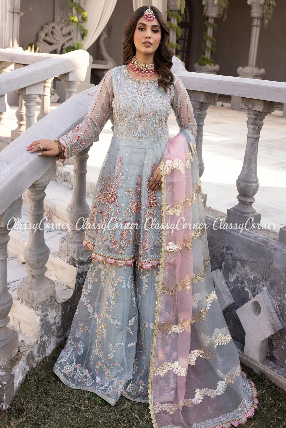 Sky Blue Pakistani Organza Jacquard Party Wear Outfit