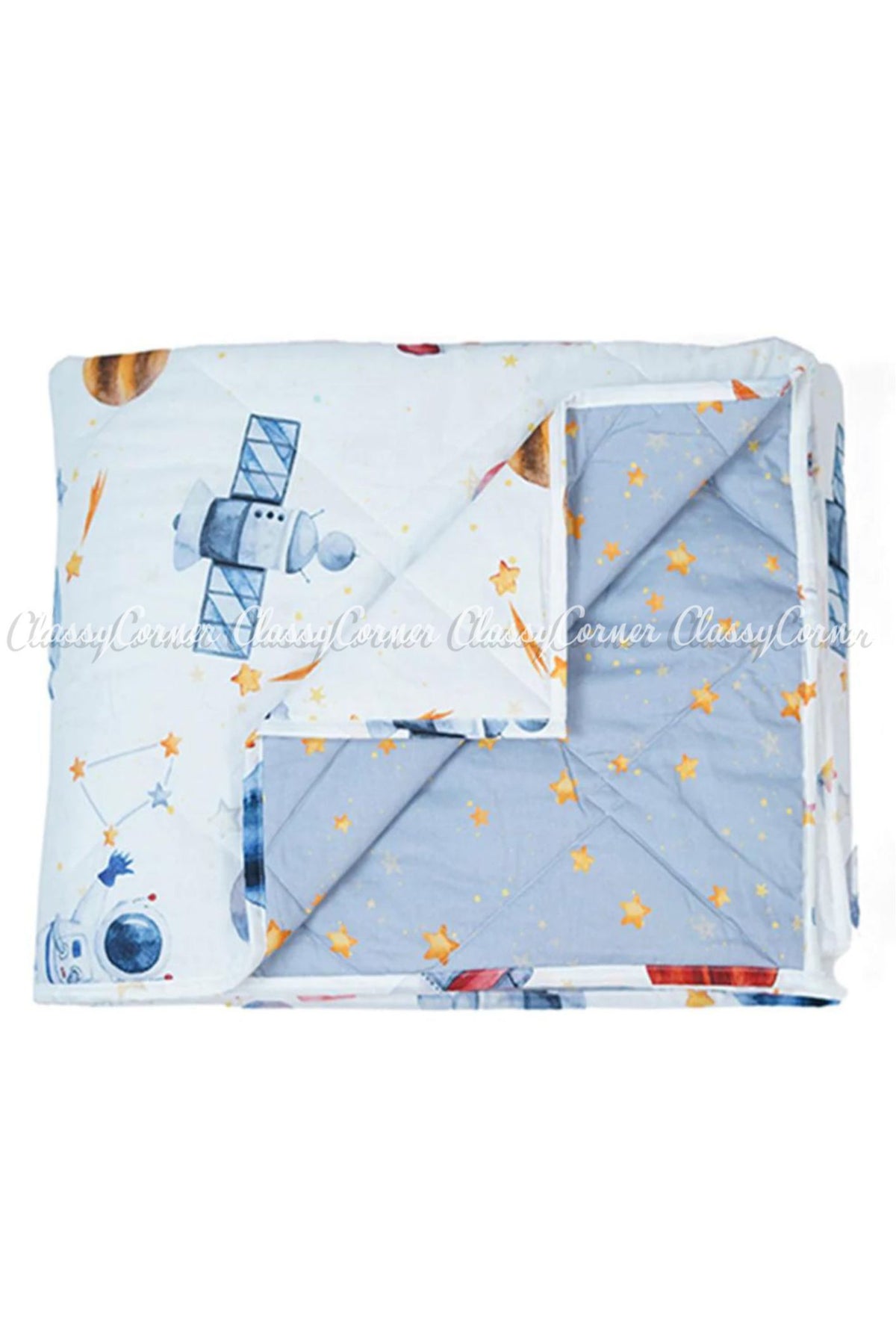 Kid&#39;s White Blue Astro Printed Cotton Bedset