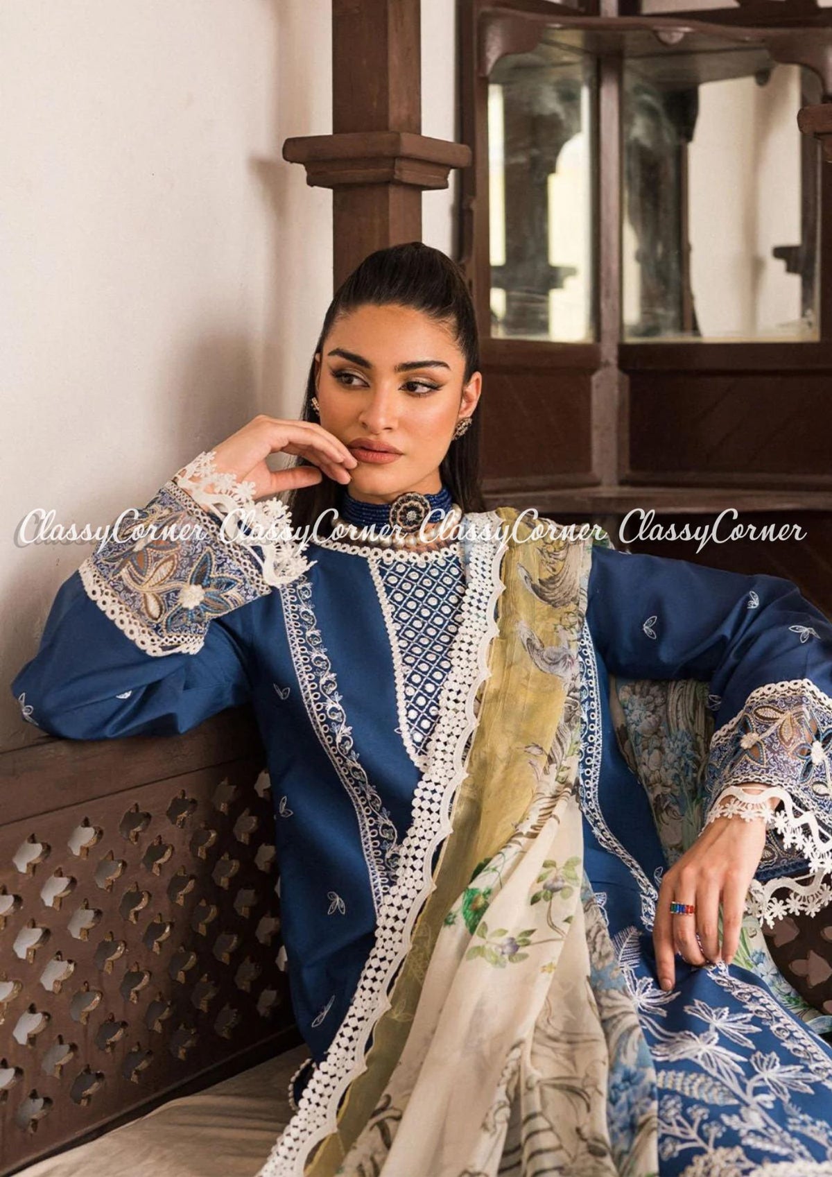 Dark Blue White Lawn Embroidered Pakistani Salwar Kameez