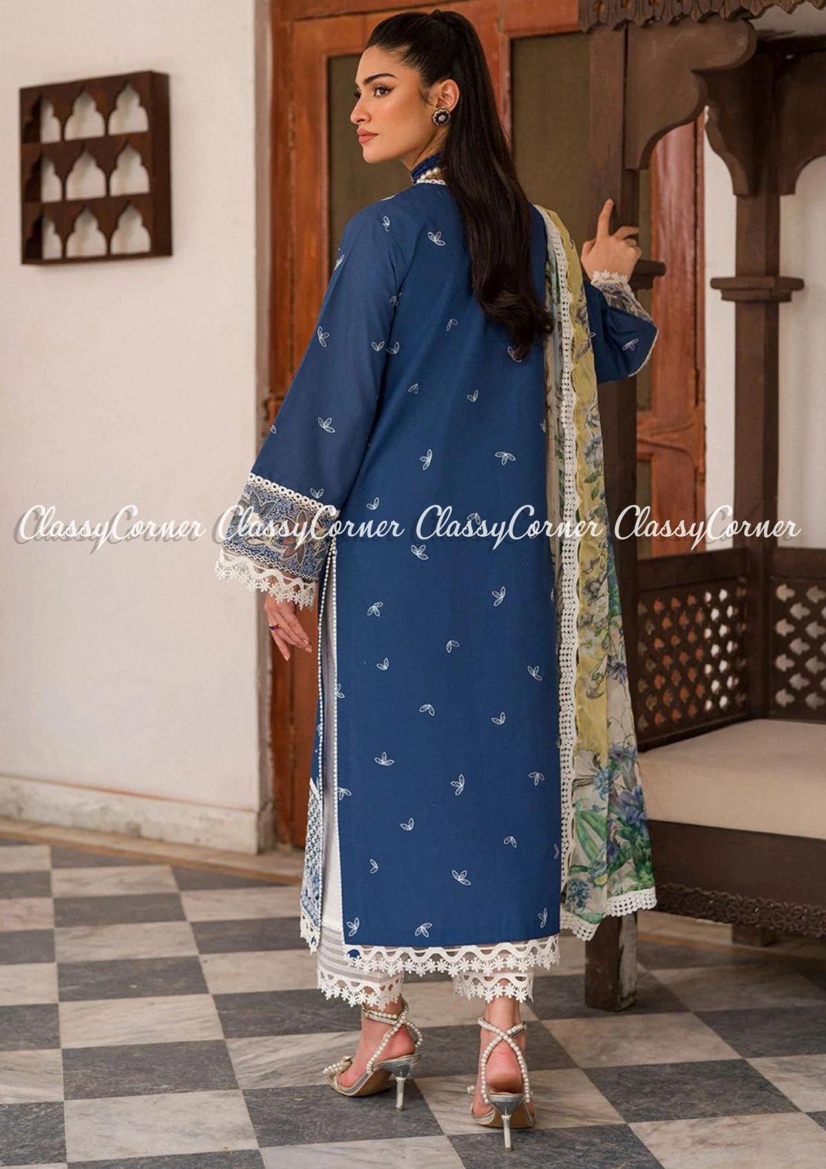 Dark Blue White Lawn Embroidered Pakistani Salwar Kameez