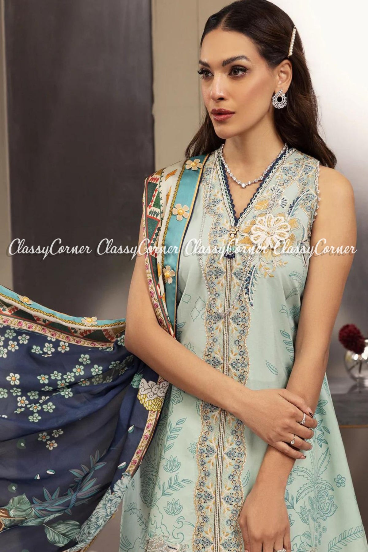 Blue White Lawn Embroidered Formal Wear Outfit