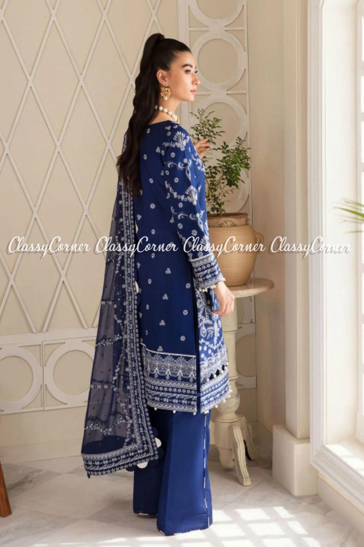 Dark Blue White Lawn Embroidered Pakistani Salwar Kameez