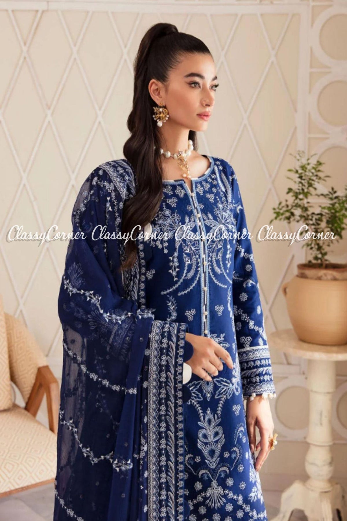 Dark Blue White Lawn Embroidered Pakistani Salwar Kameez