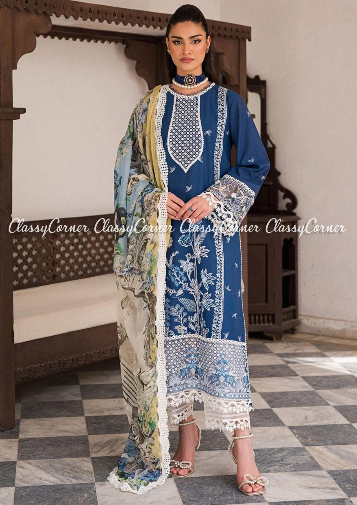 Dark Blue White Lawn Embroidered Pakistani Salwar Kameez