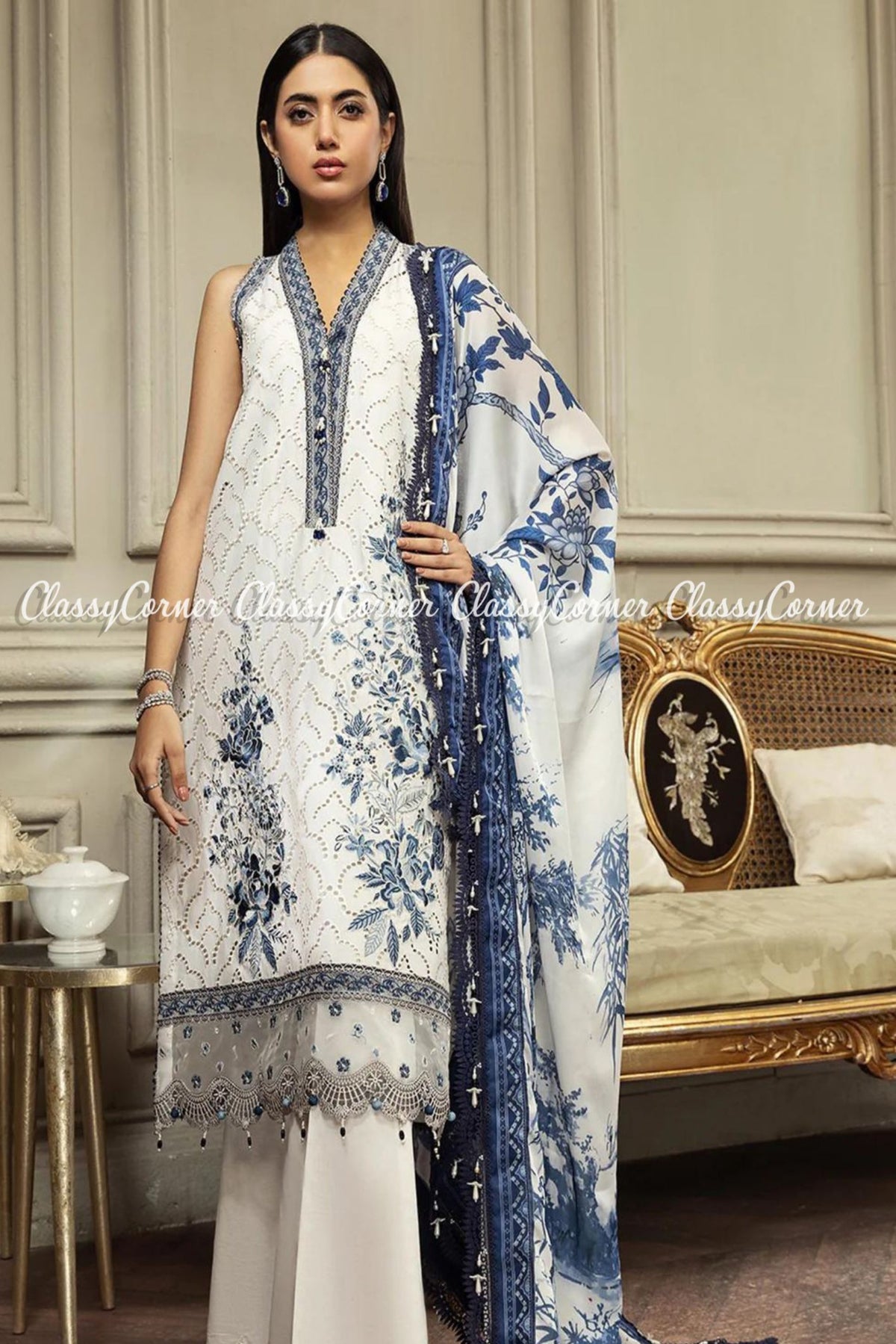 Blue White Lawn Embroidered Pakistani Salwar Kameez