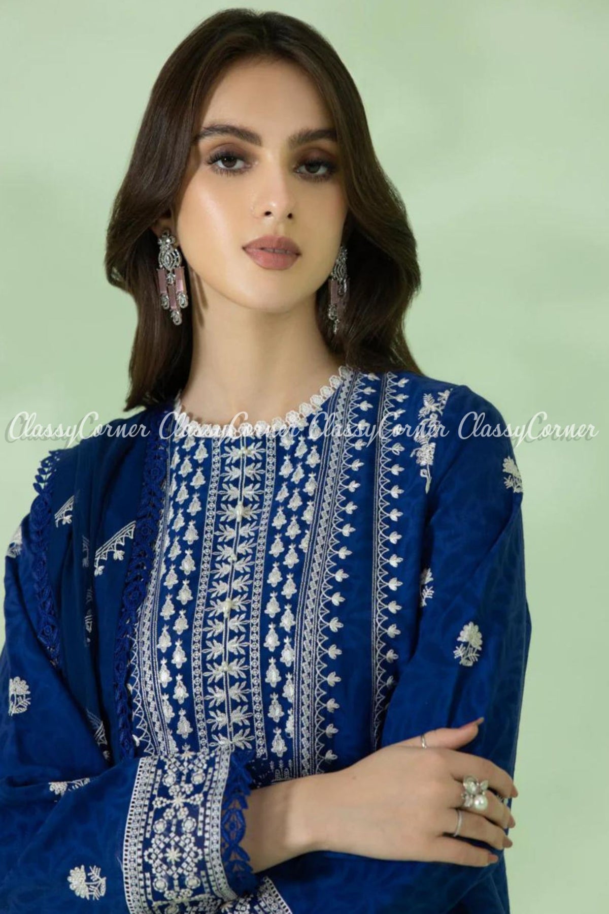 Blue White Cotton Jacquard Embroidered Pakistani Salwar Kameez