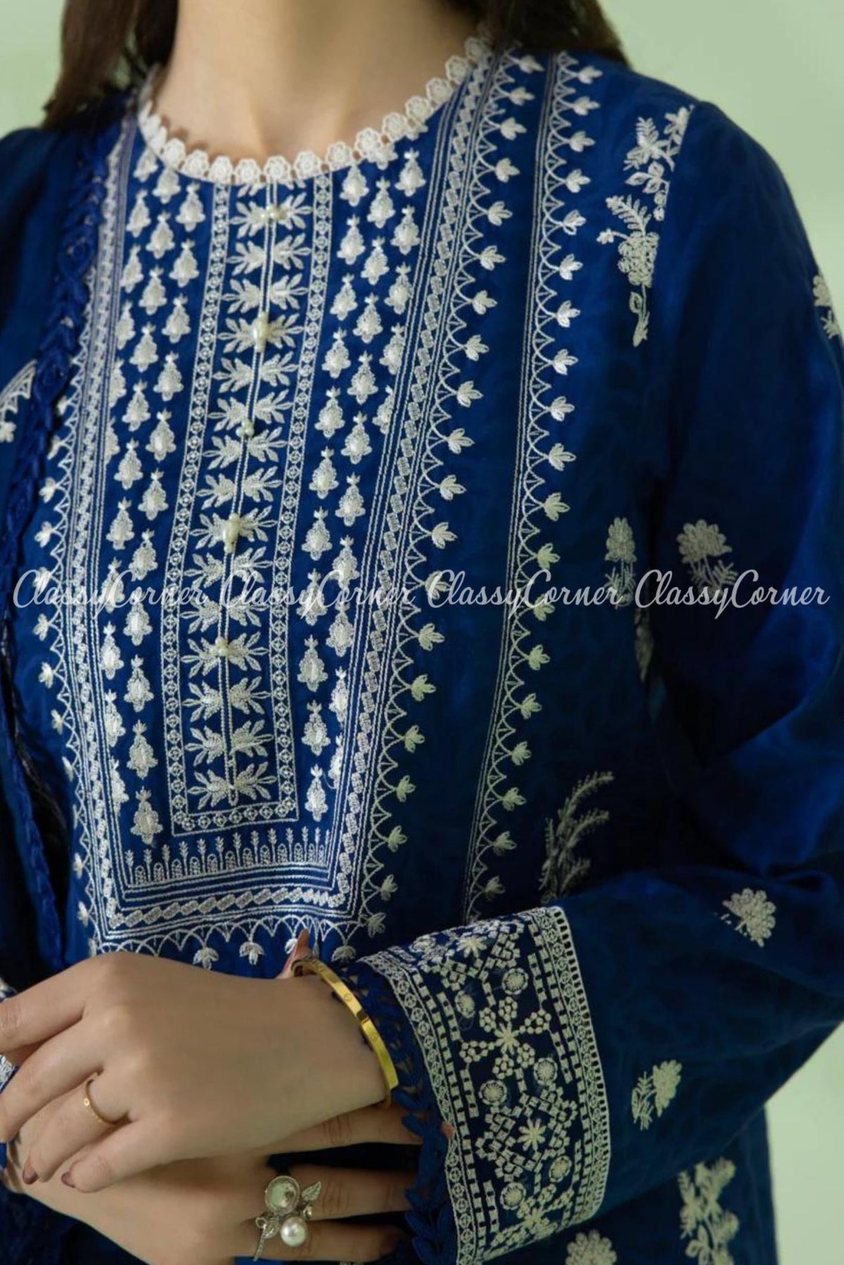 Blue White Cotton Jacquard Embroidered Pakistani Salwar Kameez