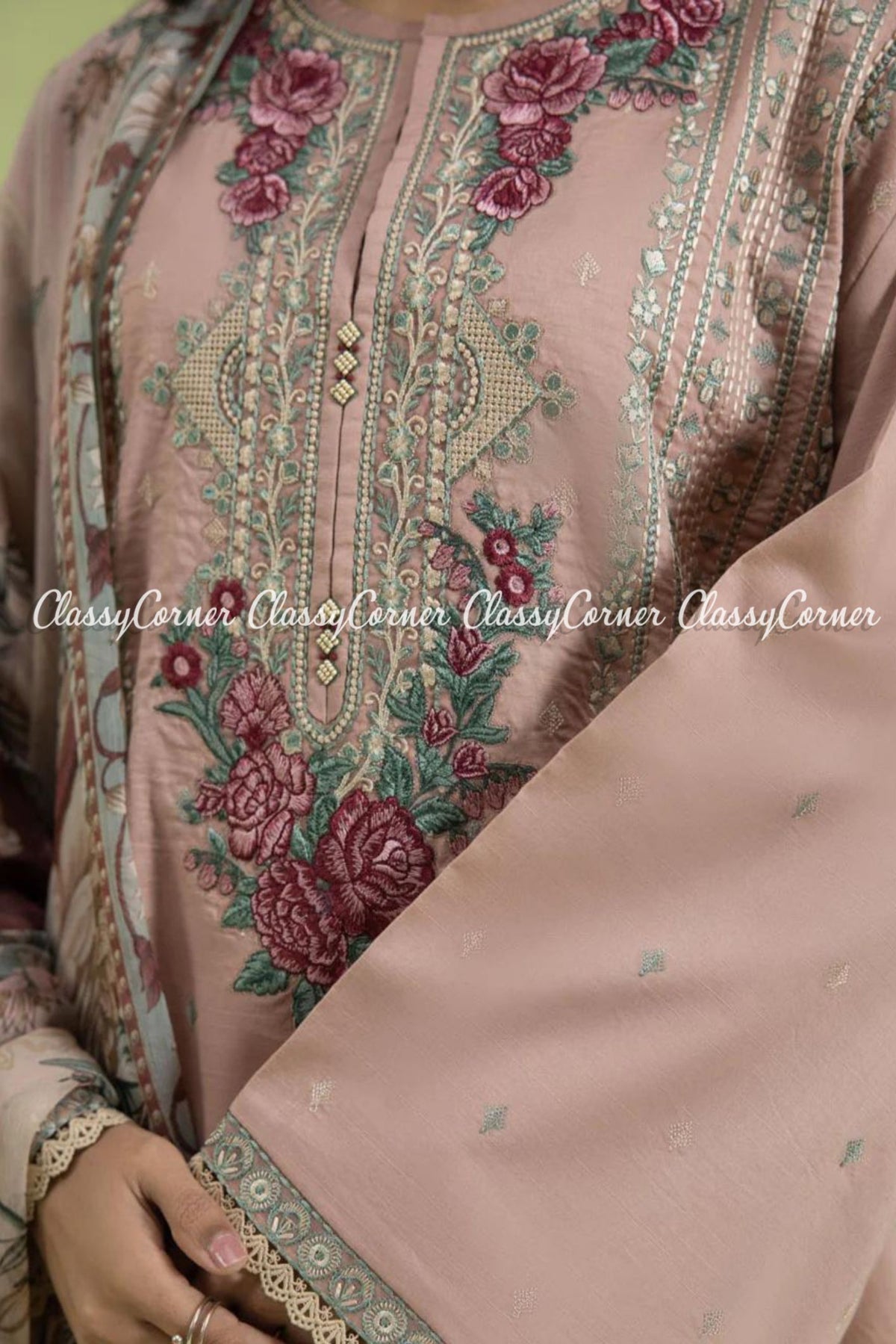 Pink Green Lawn Embroidered Formal Wear 3 Piece Dress