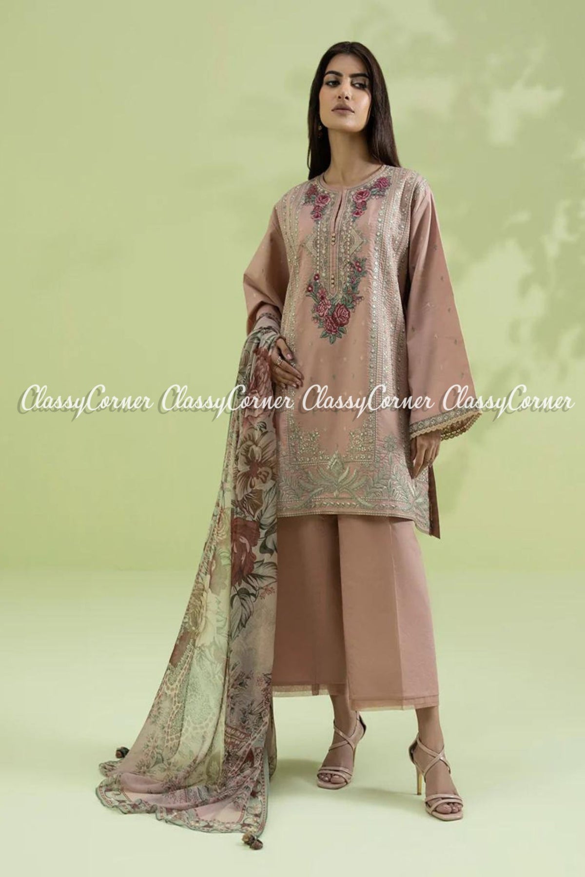 Pink Green Lawn Embroidered Formal Wear 3 Piece Dress