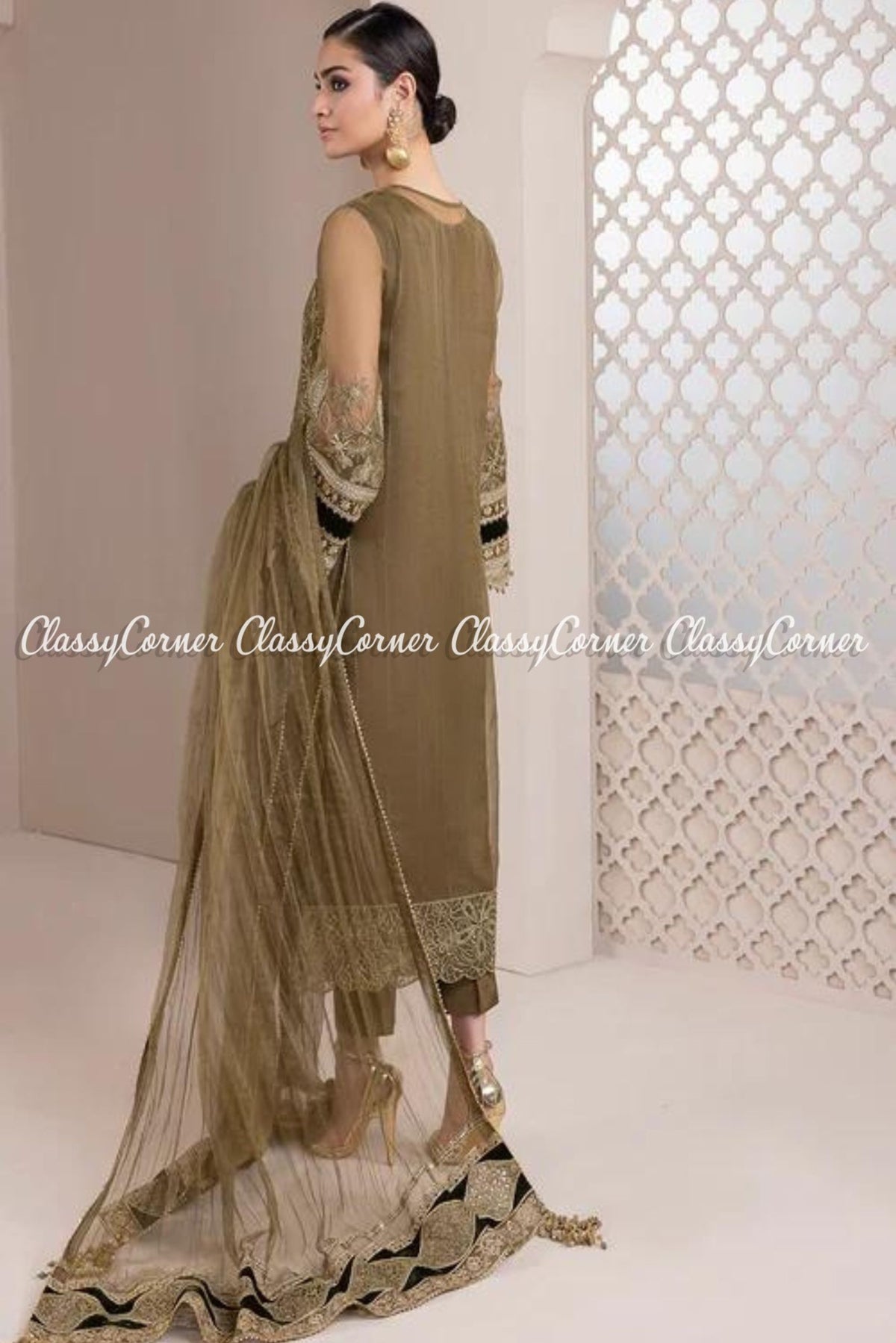 Light Brown Golden Organza Embroidered Salwar Kameez